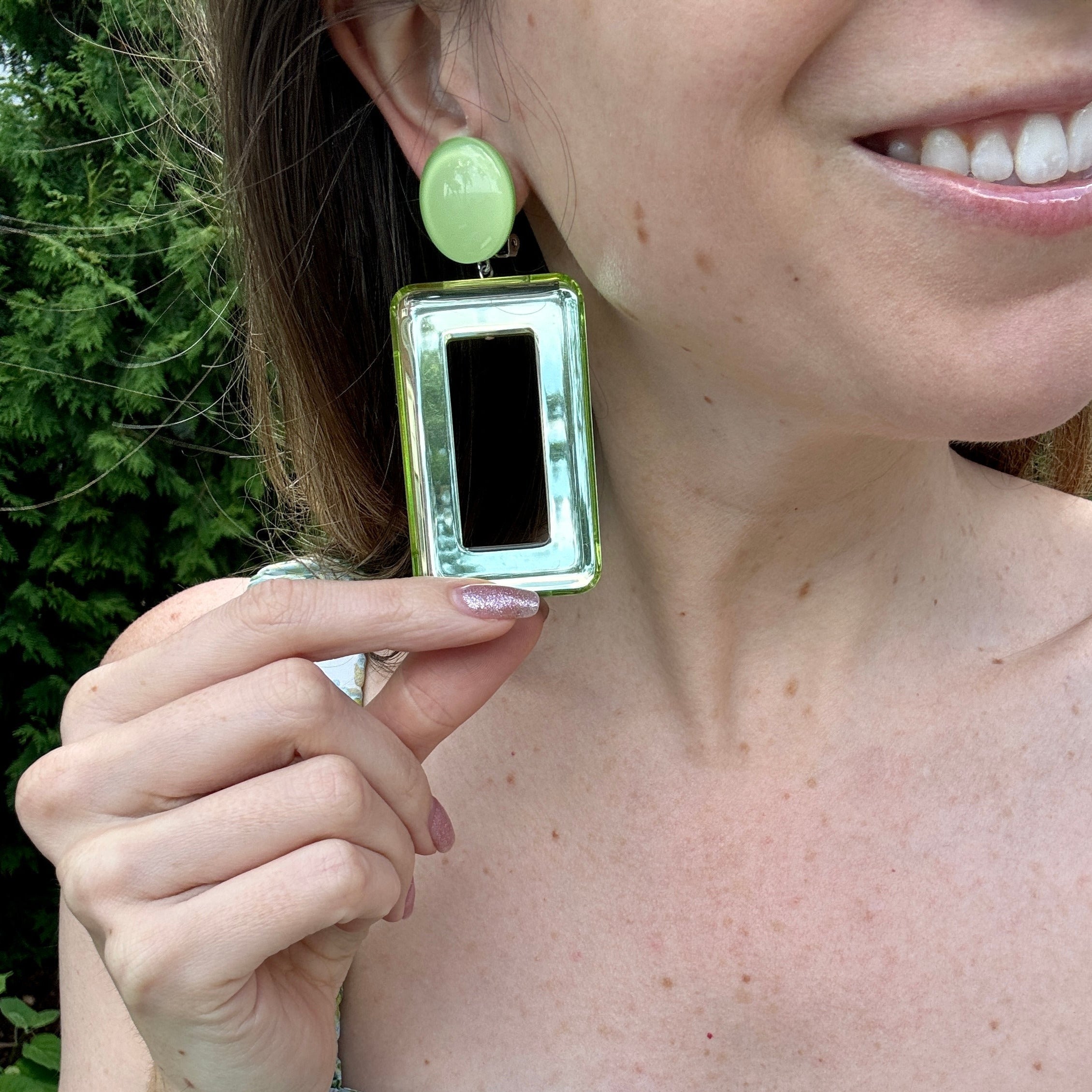 French Spring Green Square Mirrored Clip-On Earrings