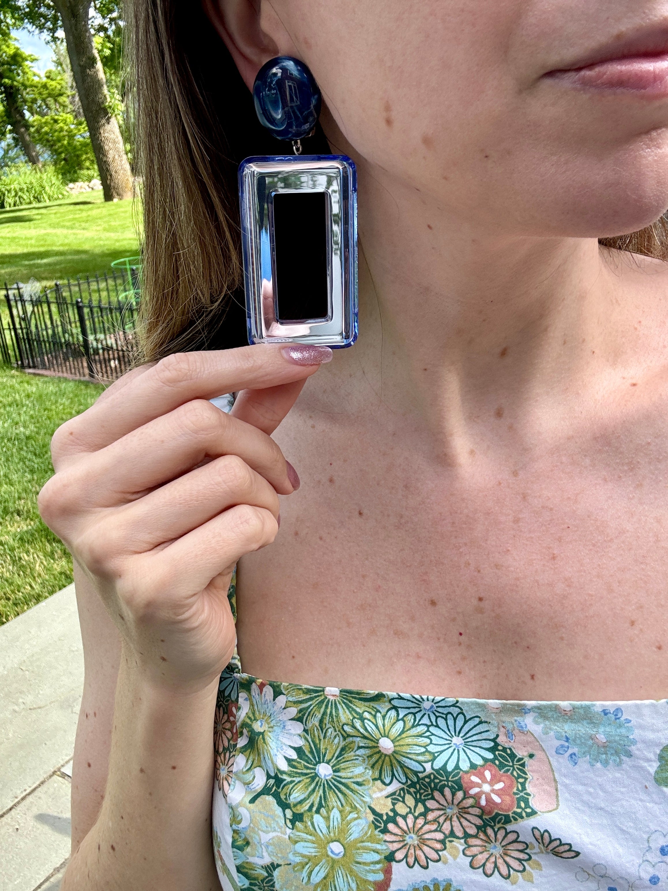 French Square Blue Mirrored Clip-On Earrings