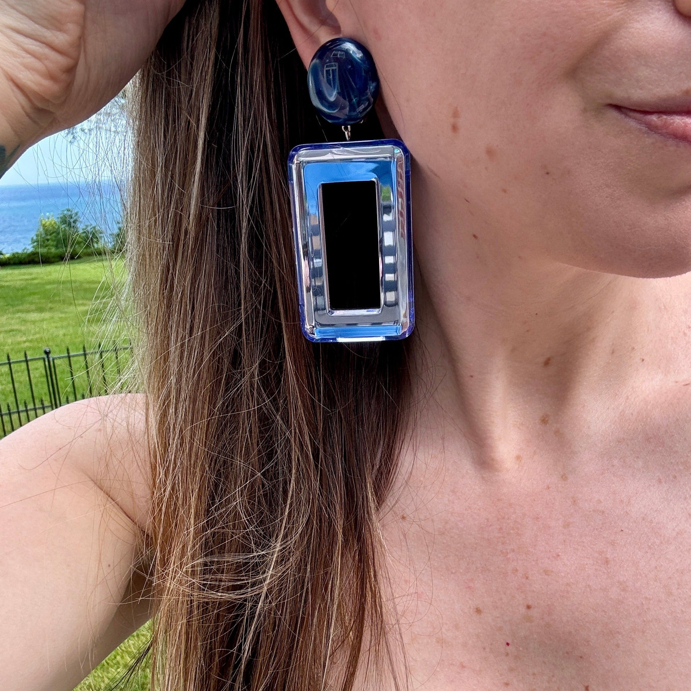 French Square Blue Mirrored Clip-On Earrings