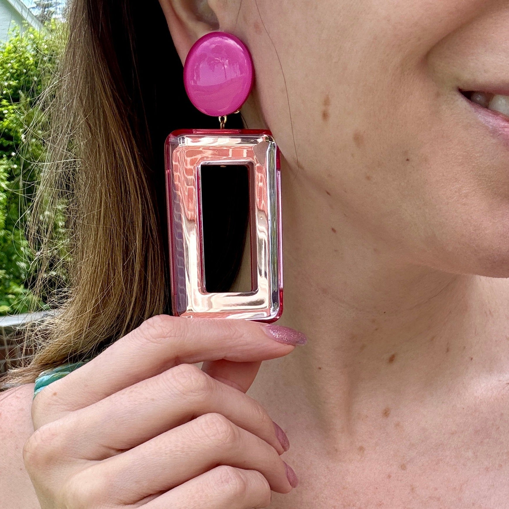 French Light Pink Square Mirrored Clip-On Earrings