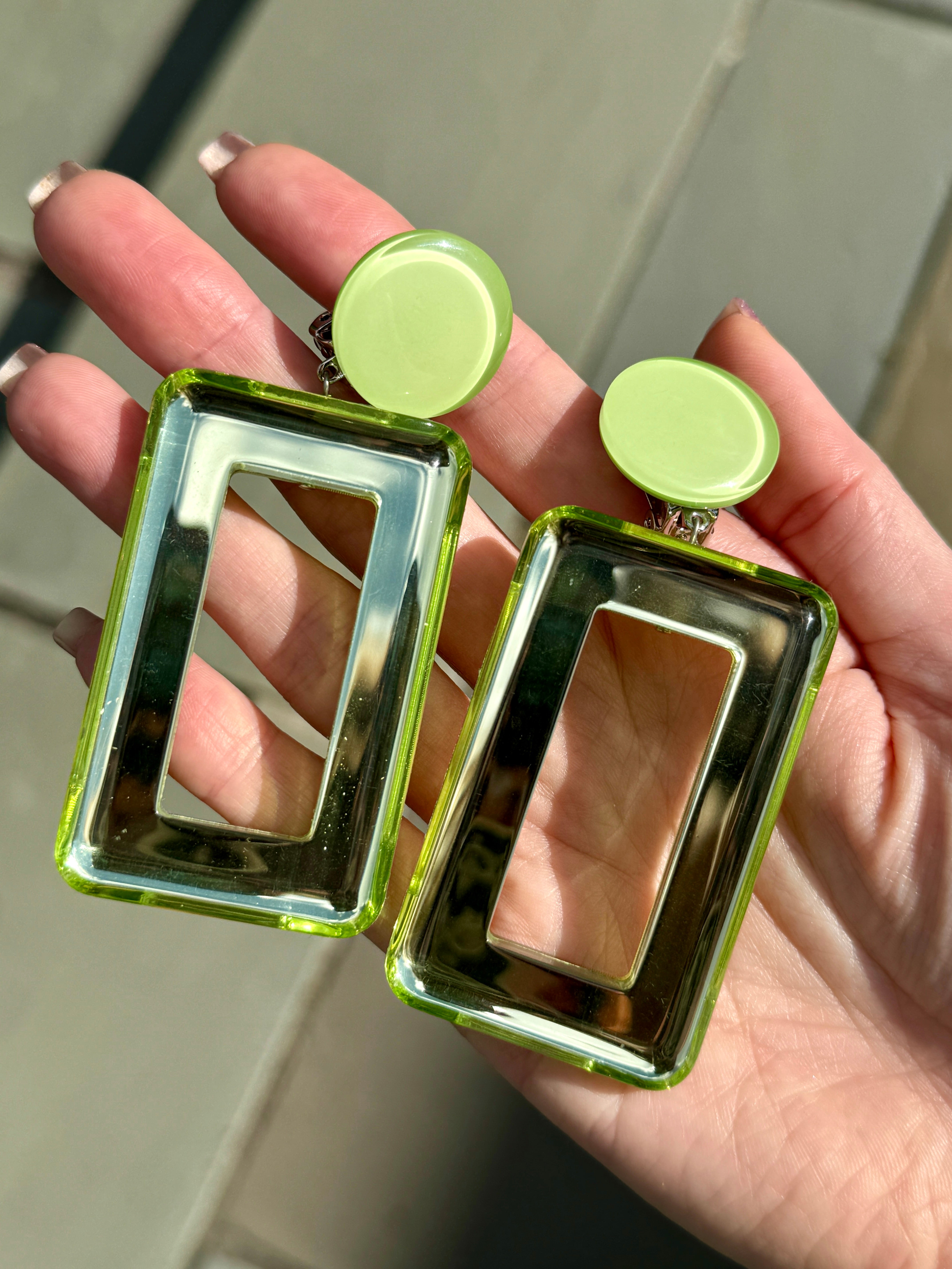 French Spring Green Square Mirrored Clip-On Earrings