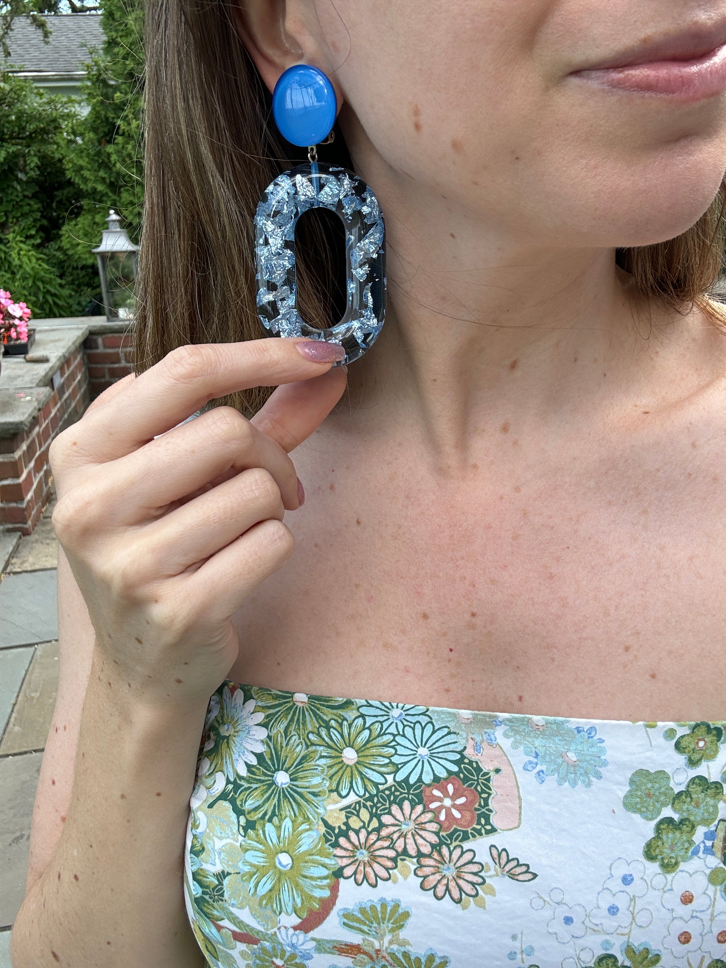 French Designer Francine Brami Light Blue and Silver Clip-On Earrings