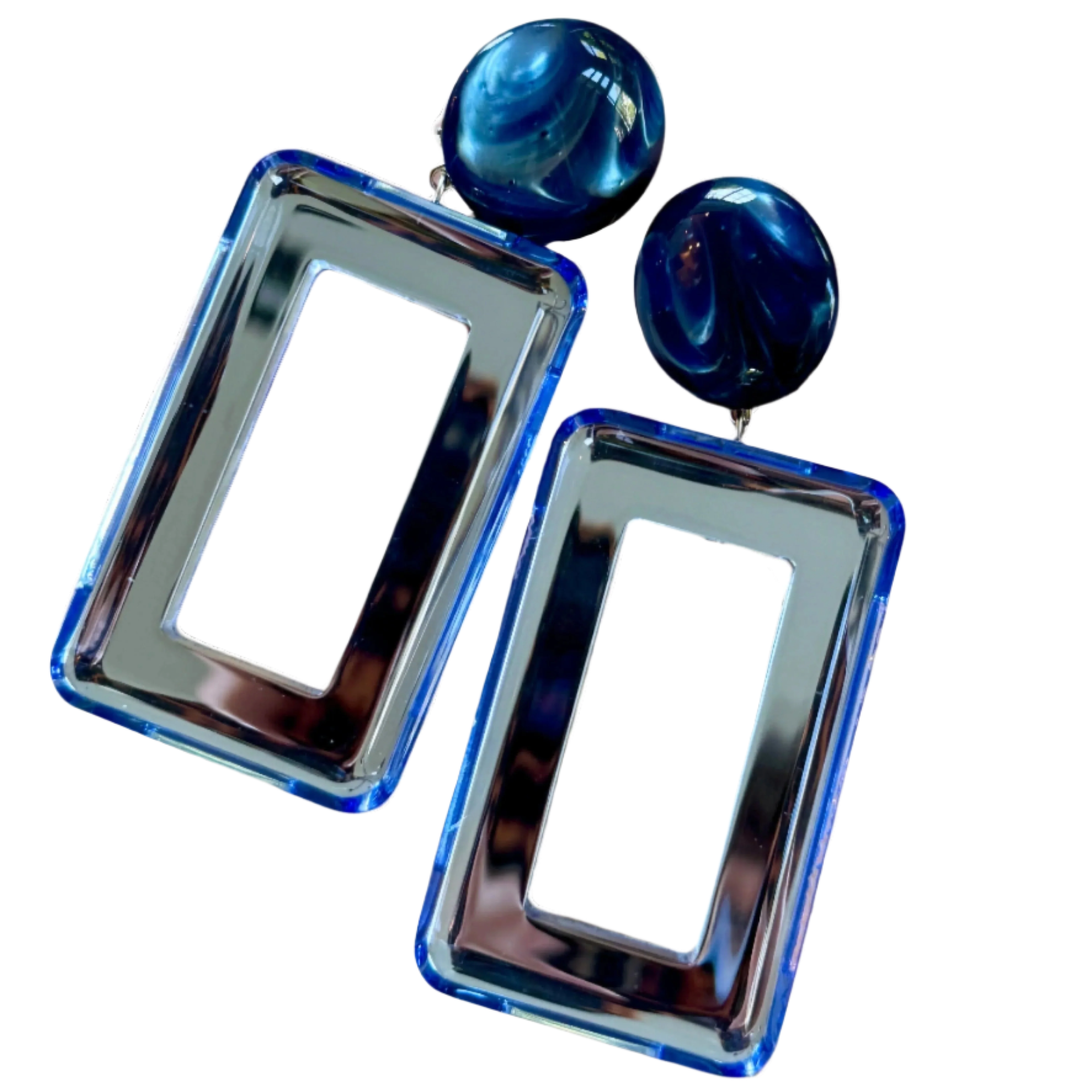 French Square Blue Mirrored Clip-On Earrings