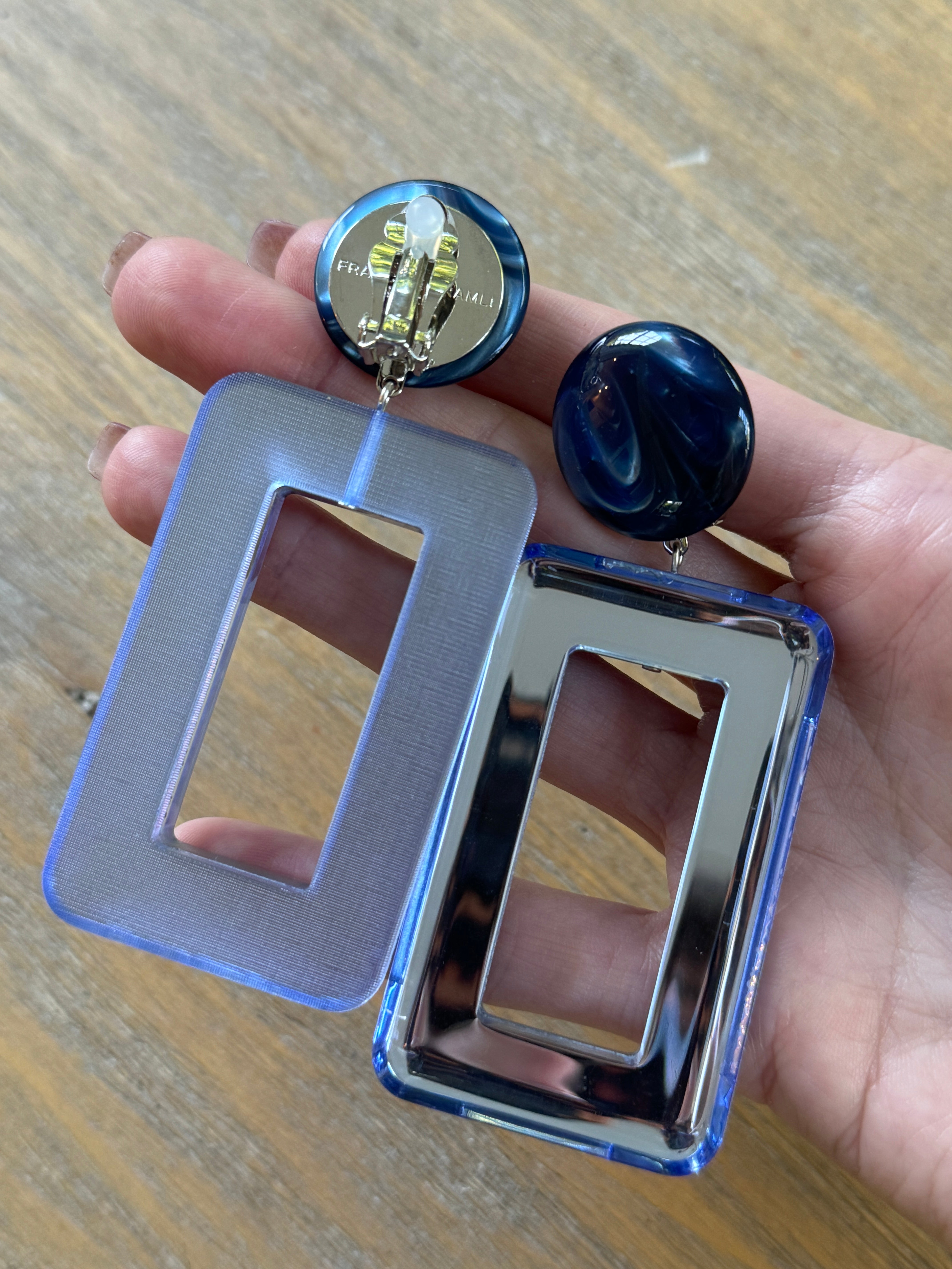 French Square Blue Mirrored Clip-On Earrings