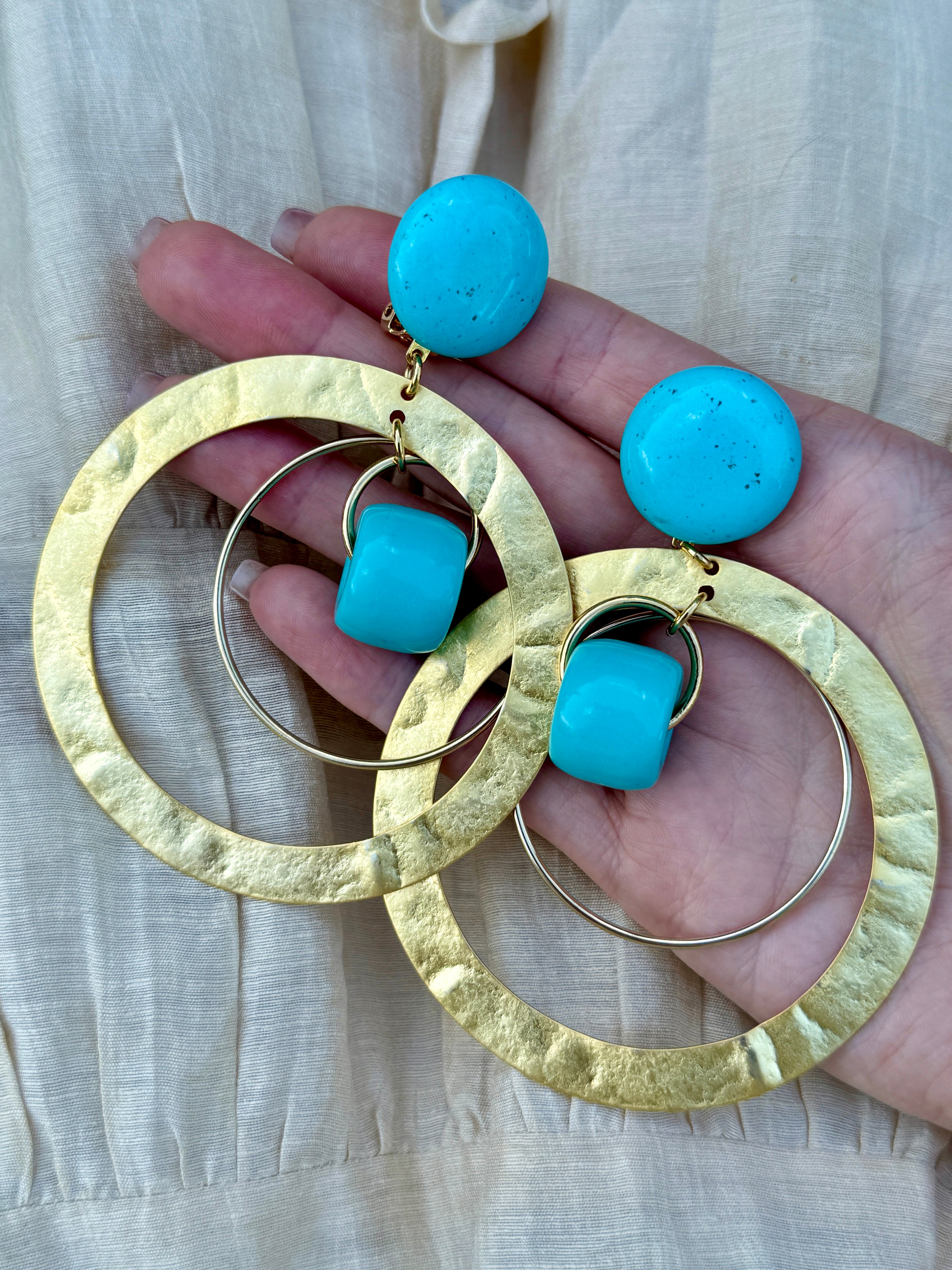 Turquoise and  Brushed Gold Hoop Clip-On Earrings