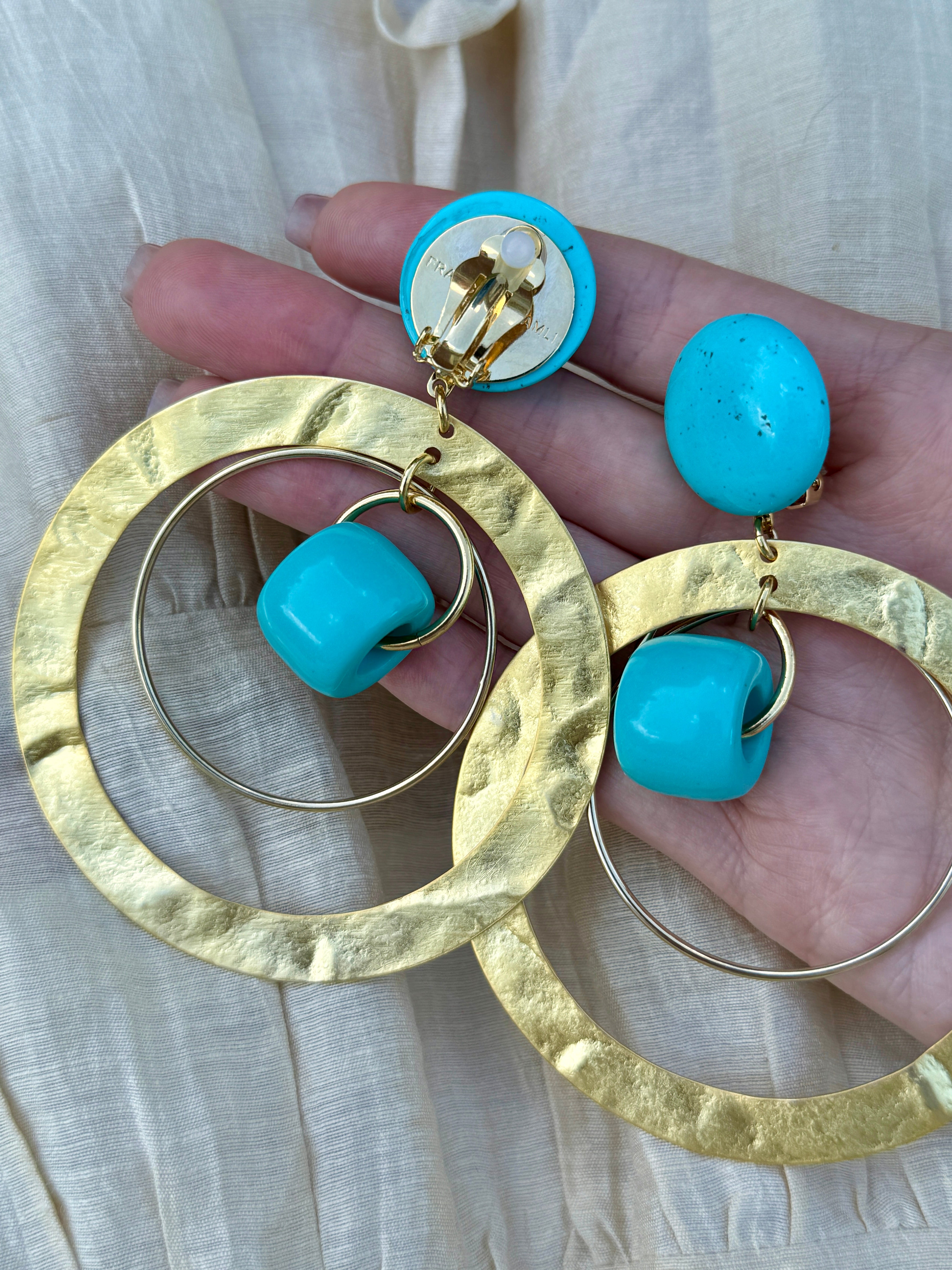 Turquoise and  Brushed Gold Hoop Clip-On Earrings