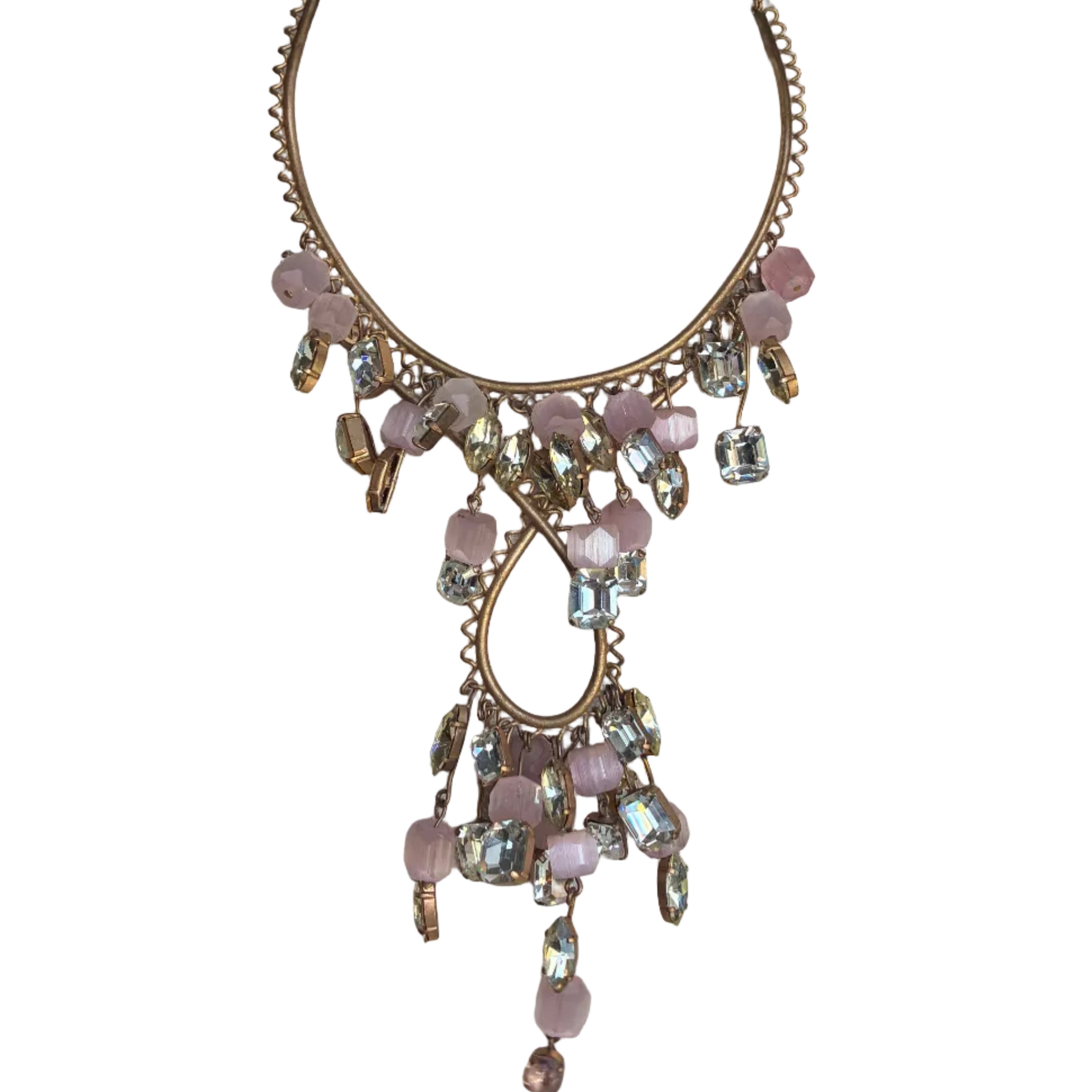 Vintage 40s Pink Glass and Crystal Statement Necklace