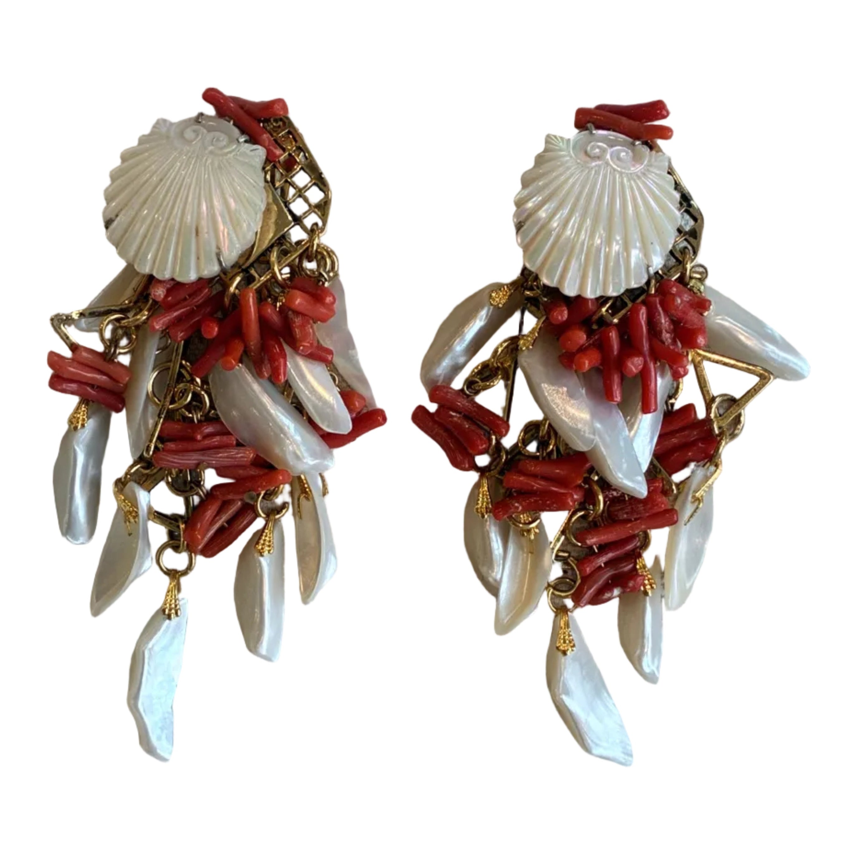 Vintage French Mother of Pearl and Coral Chandelier Earrings