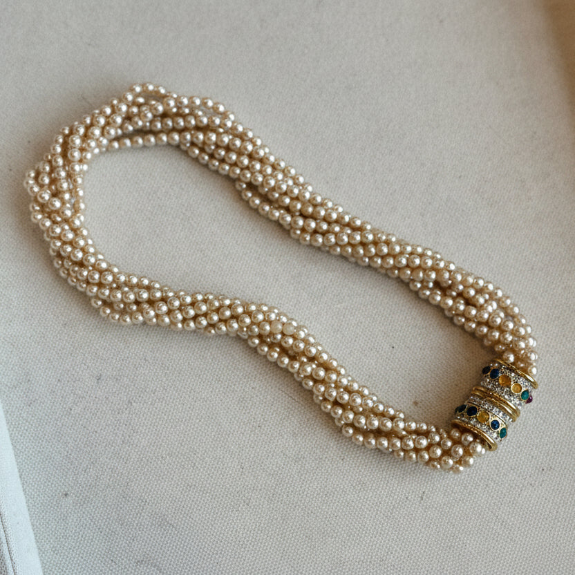 Vintage French 60s Mogul Faux Pearl Multistrand Necklace