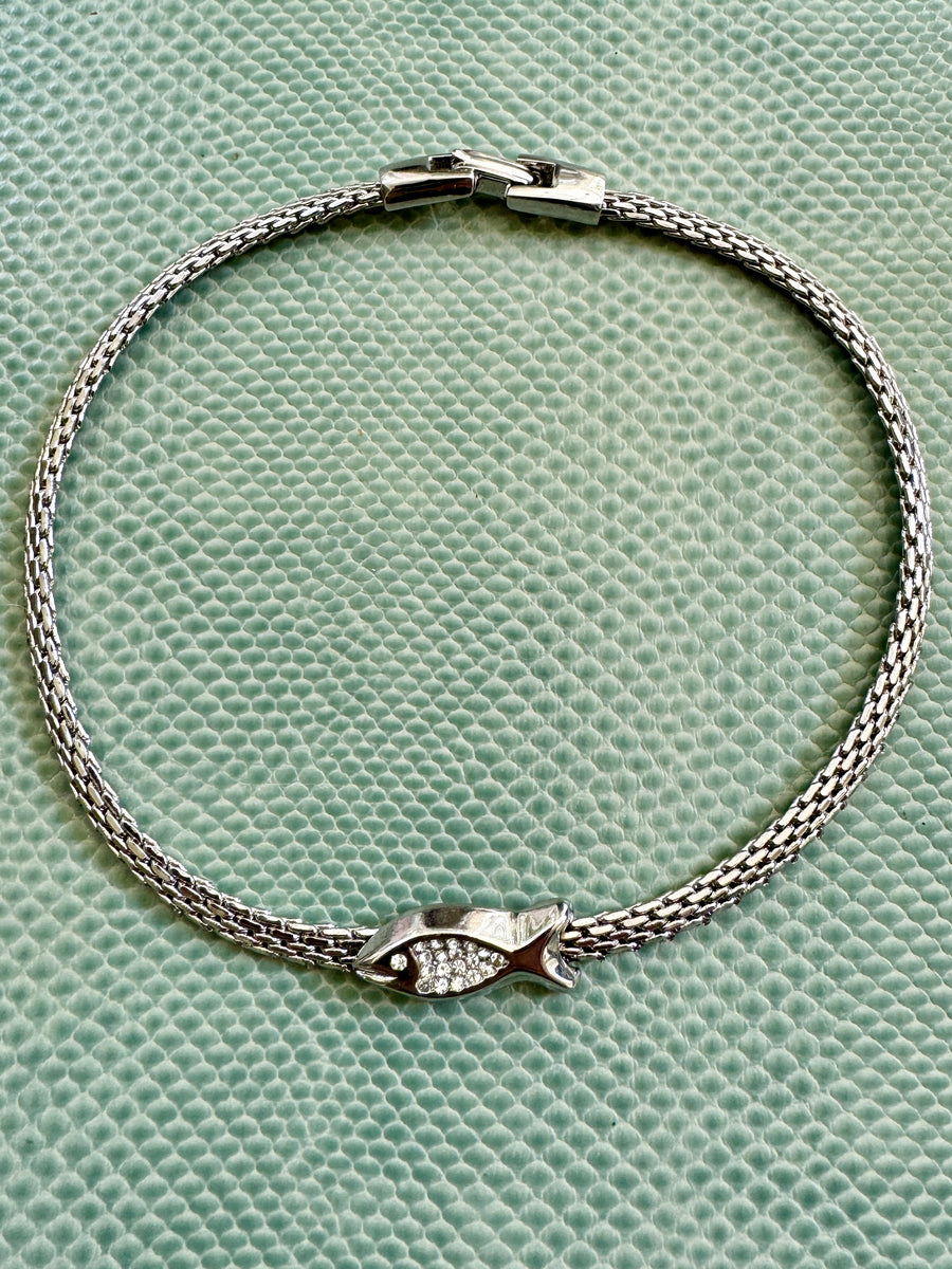 Vintage French Silver Crystal Fish Choker Necklace