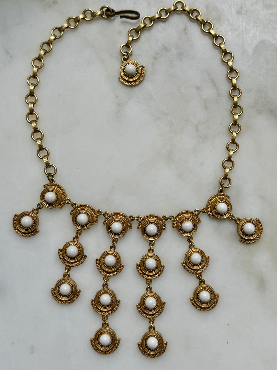 60s Etruscan Revival Gold & White Cascade Necklace