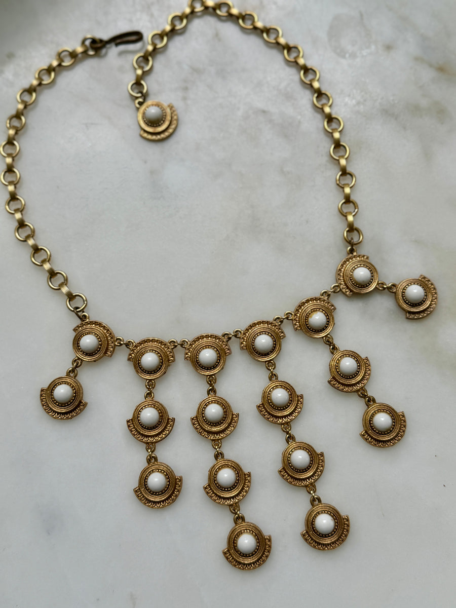 60s Etruscan Revival Gold & White Cascade Necklace