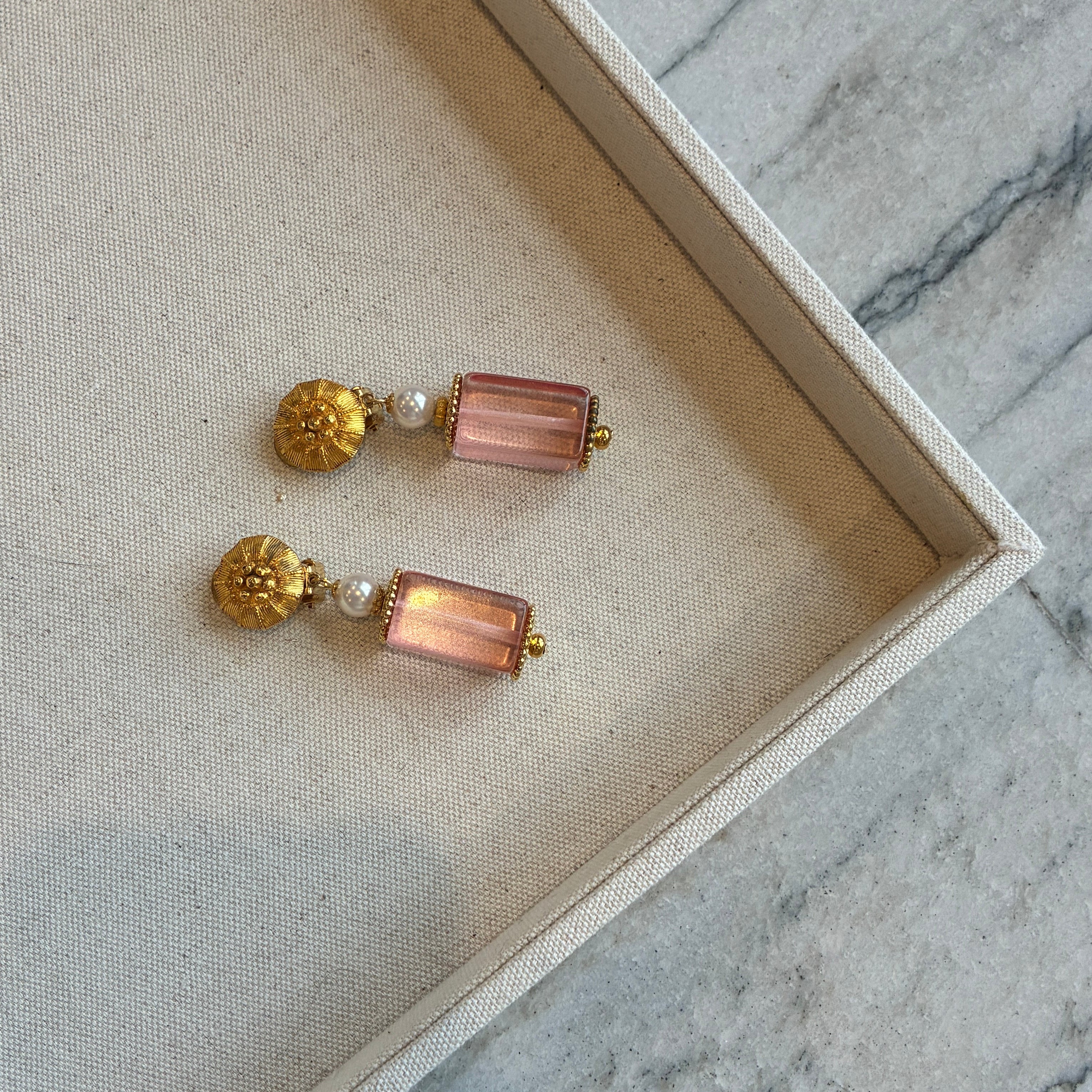 Vintage 60s French Pink Lucite & Pearl Earrings