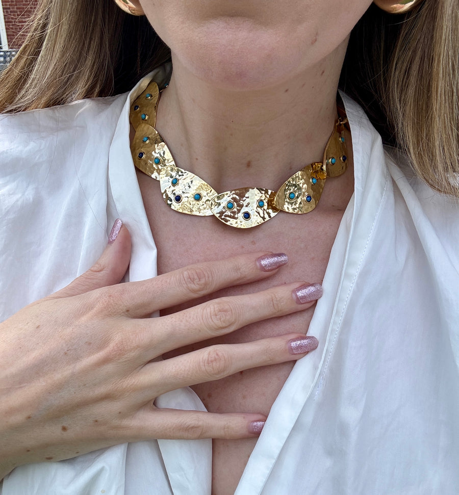 French Hammered Gold Turquoise & Navy Necklace