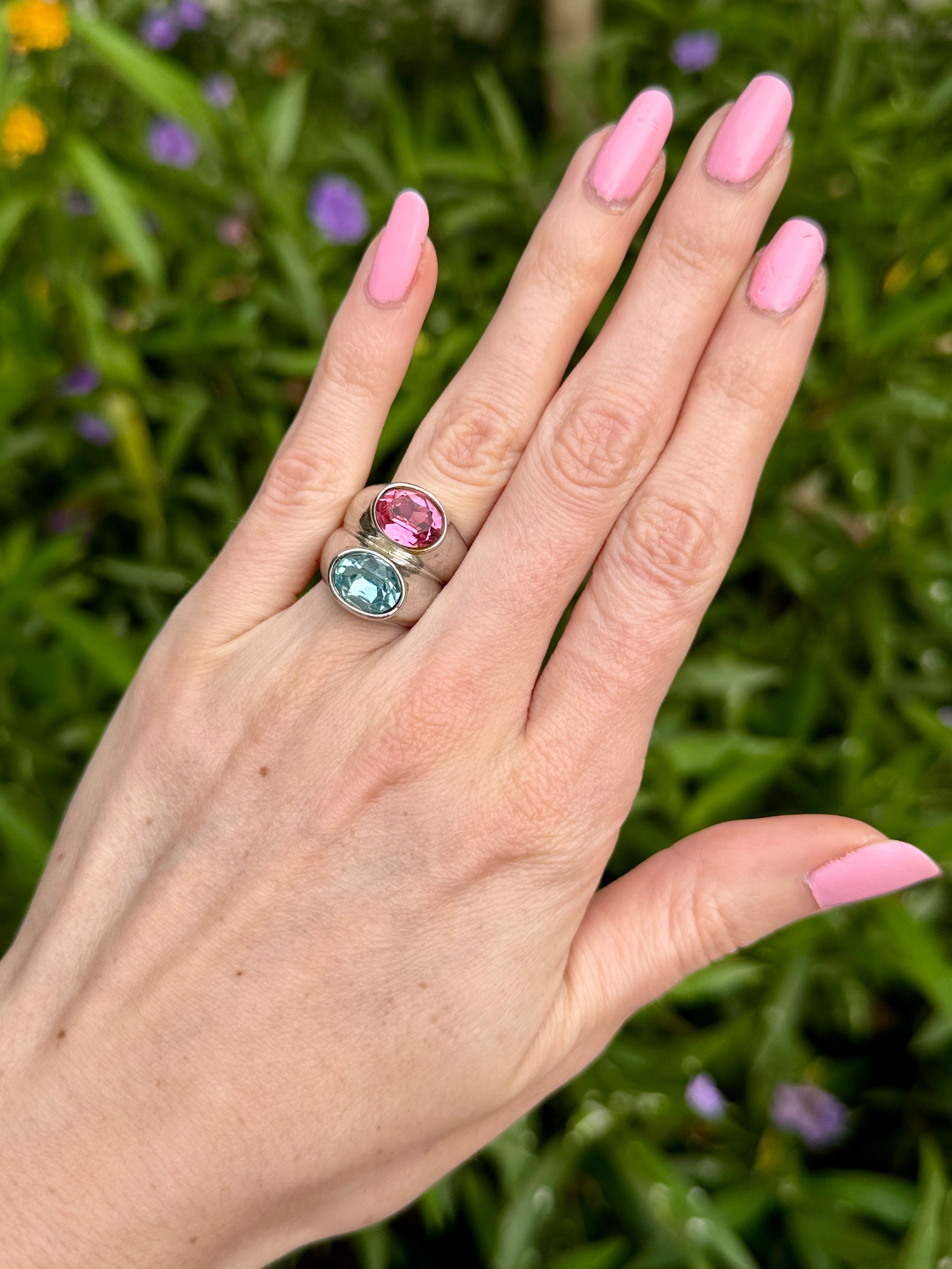 80s Pink & Aqua Blue Crystal Ring Size 5.5