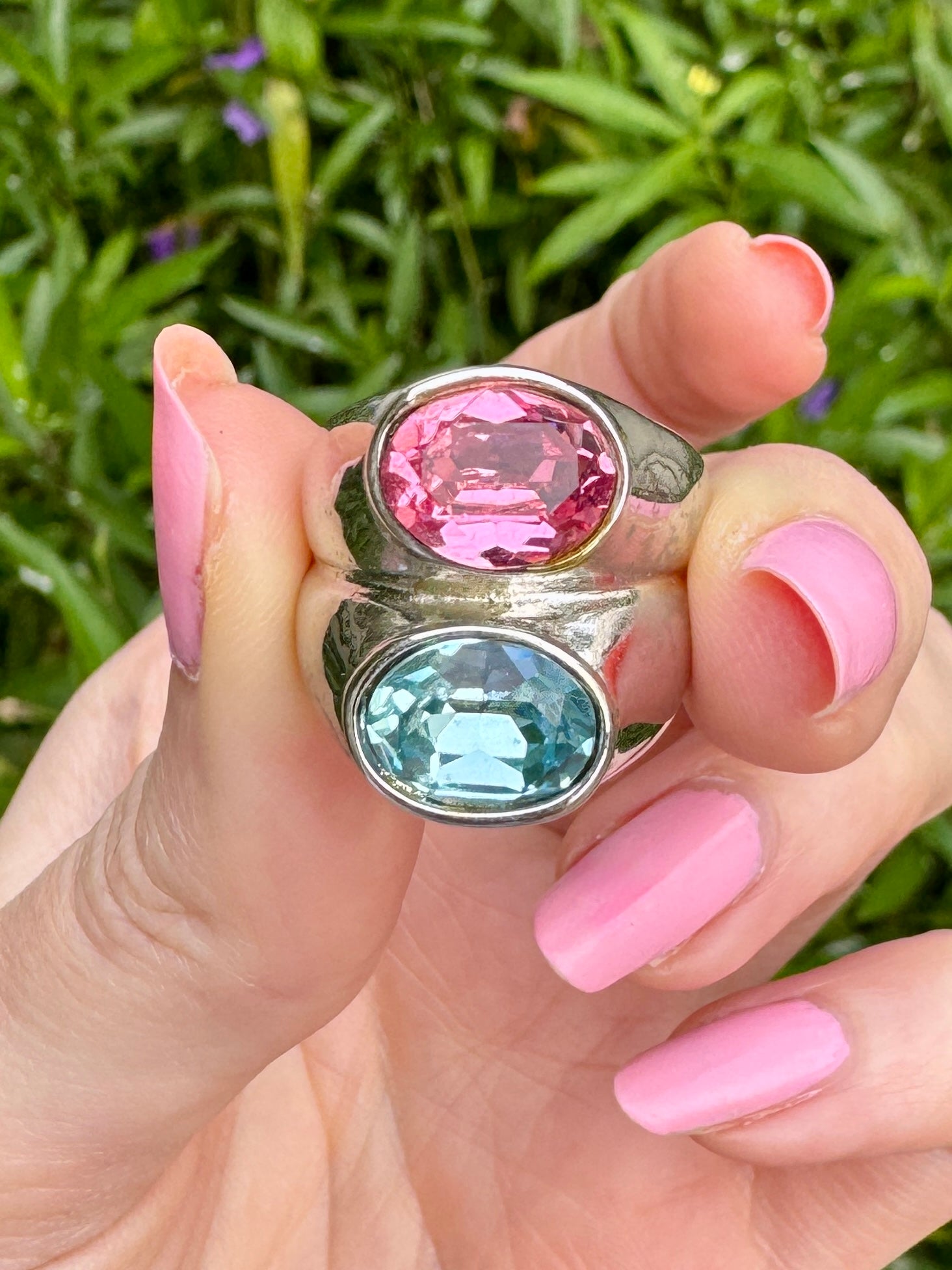 80s Pink & Aqua Blue Crystal Ring Size 5.5