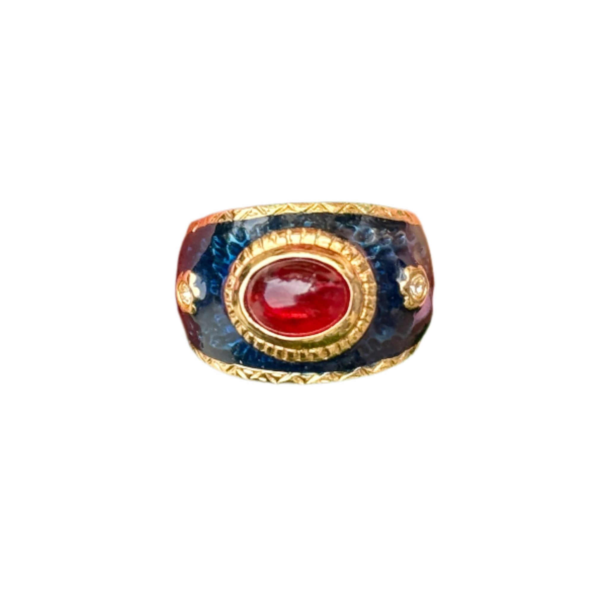 Mogul Blue Enamel Red Cabochon Ring Size 5