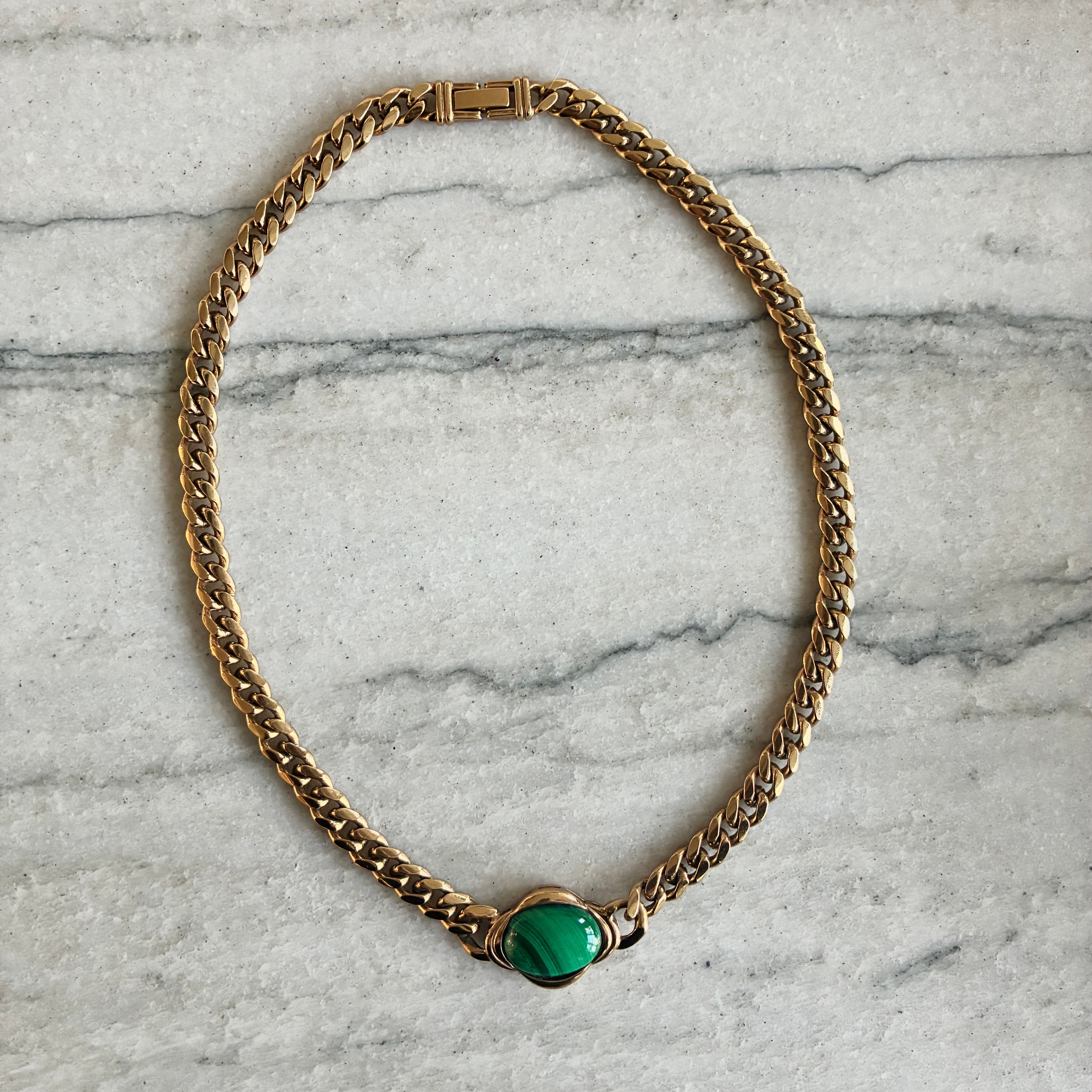 Vintage 70s French Malachite Curb Chain Necklace