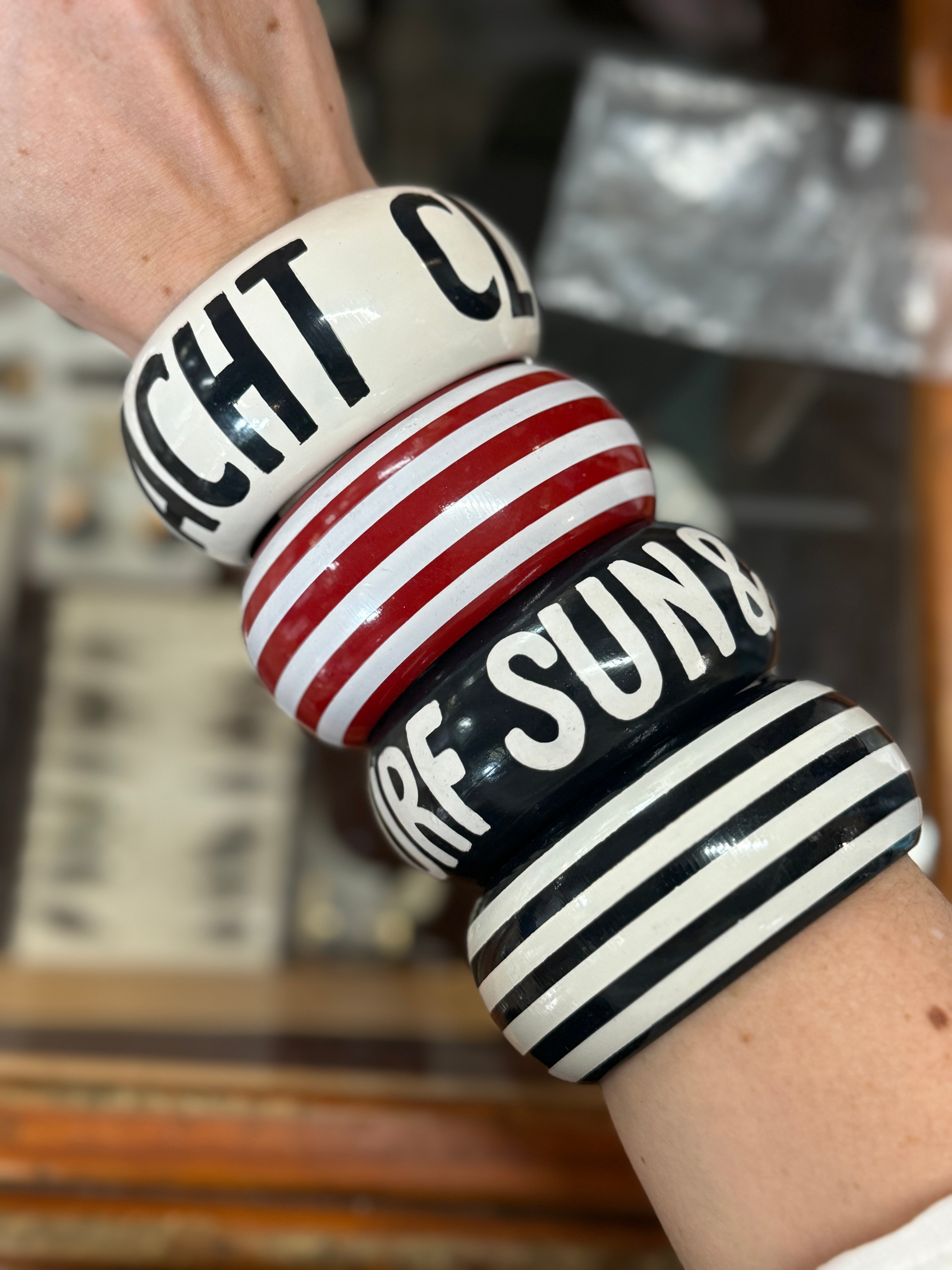 Vintage French Black / Red Stripe Hand Painted Wood Bracelet