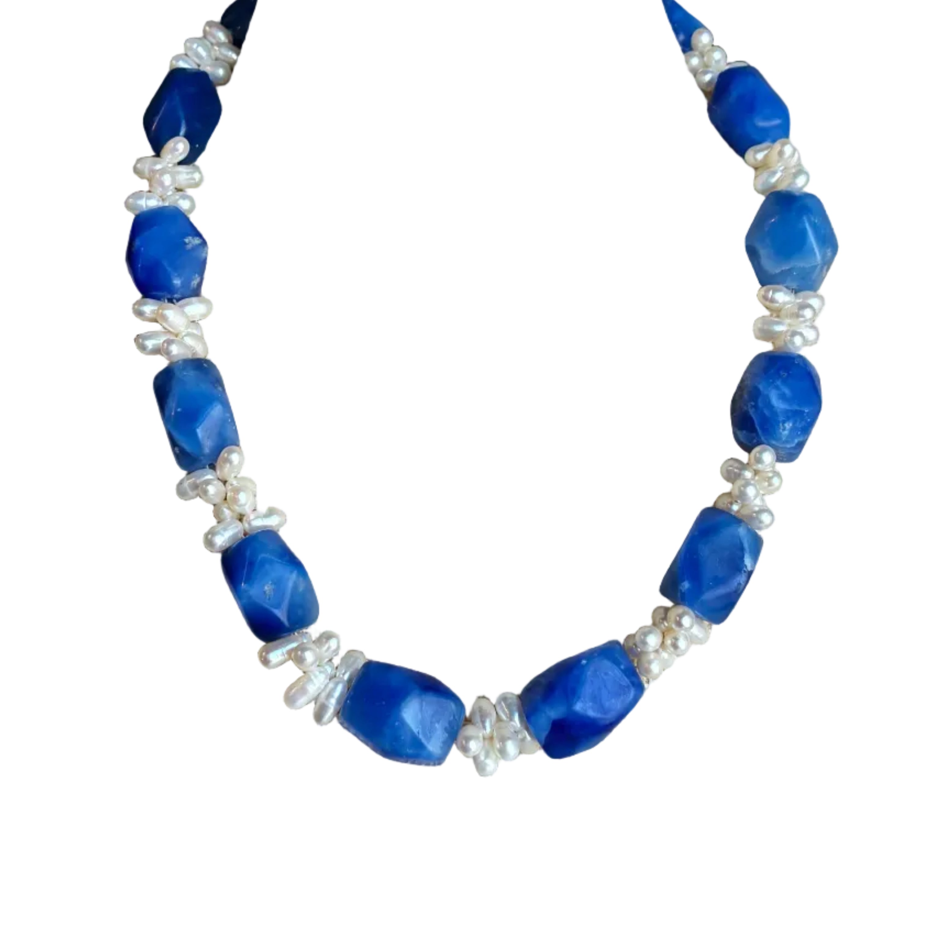 Vintage Blue Stone and Pearl Beaded Necklace