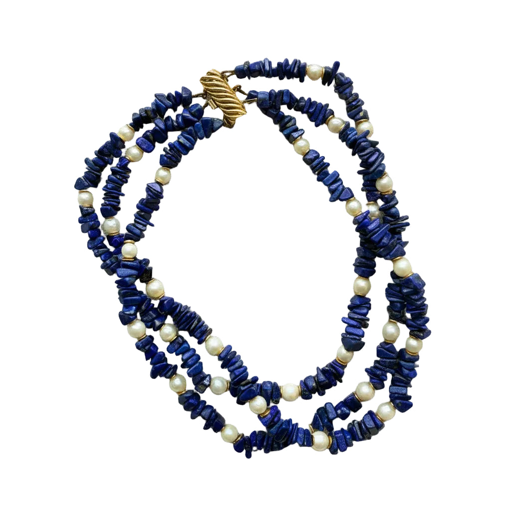 Vintage Lapis and Pearl Layered Beaded Necklace