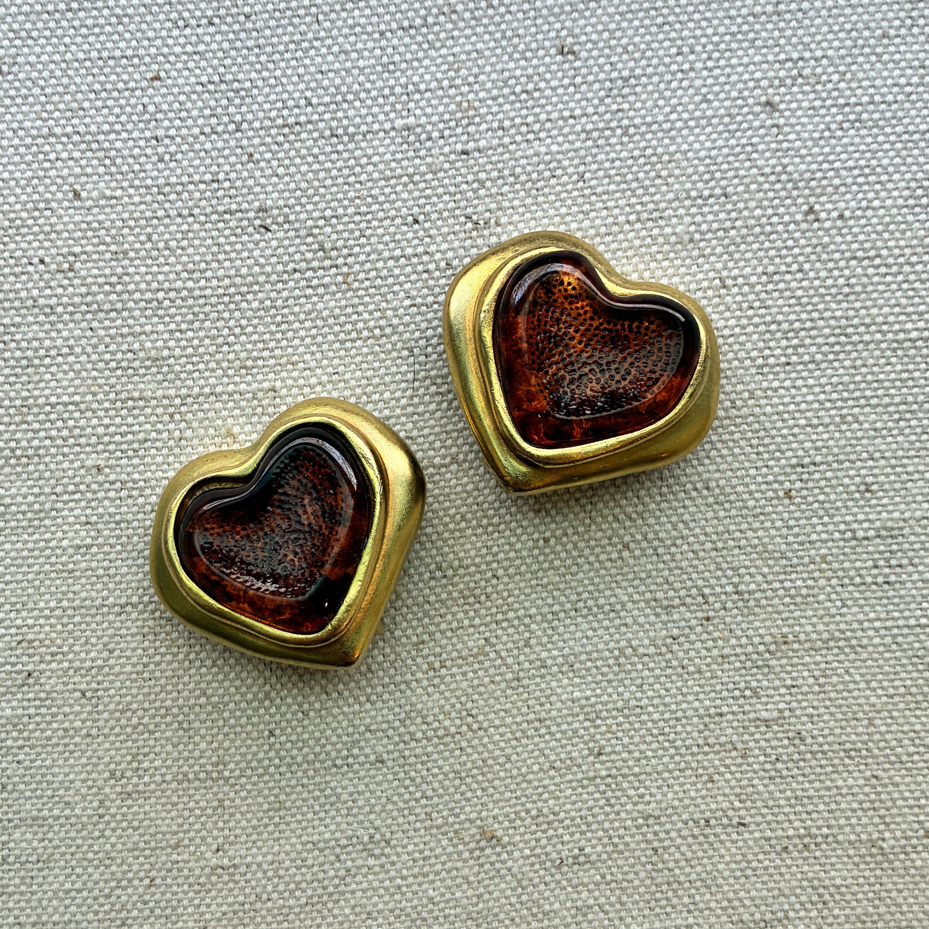French 80s Tortoise Glass Heart Earrings