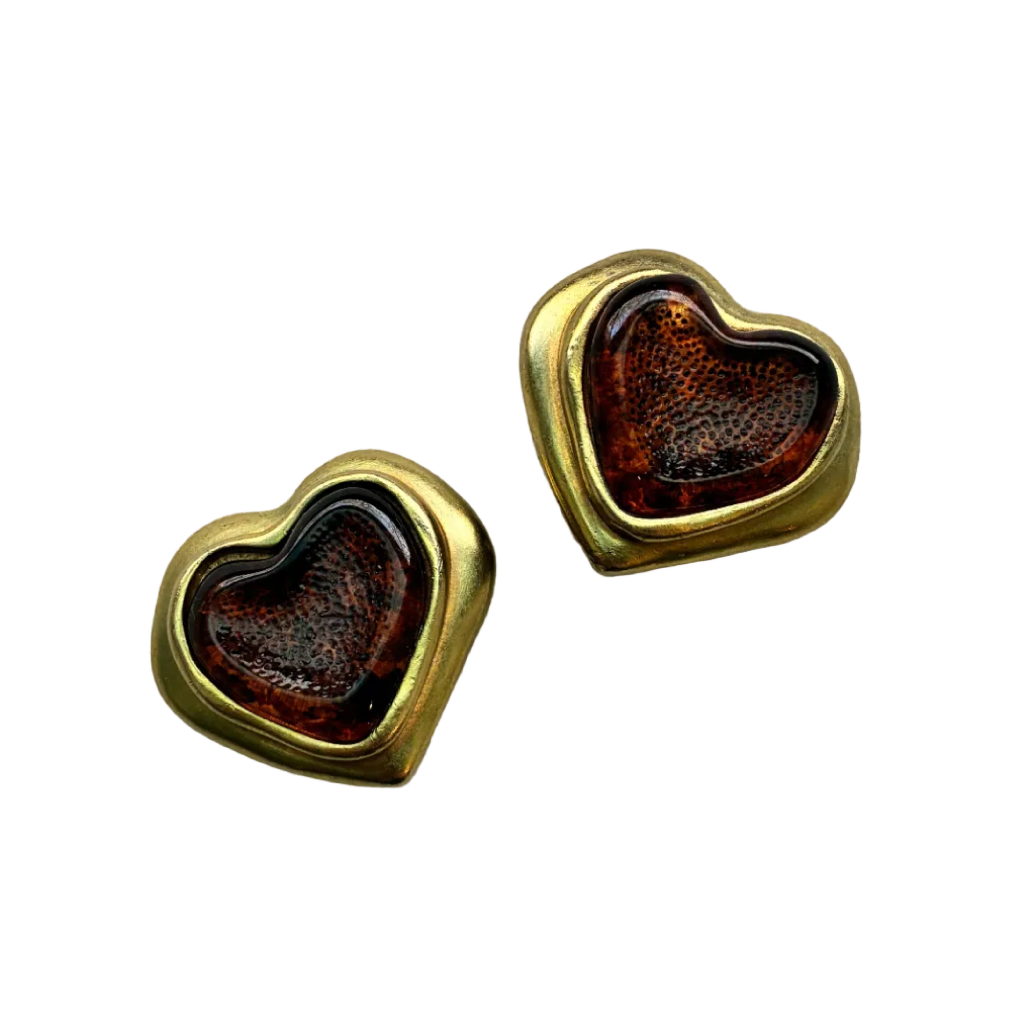 French 80s Tortoise Glass Heart Earrings