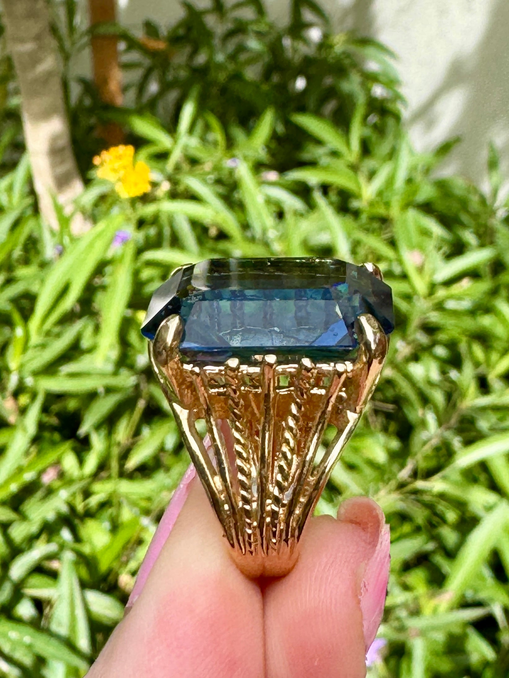 Large Blue Crystal Gold Cocktail Ring Size 4.5