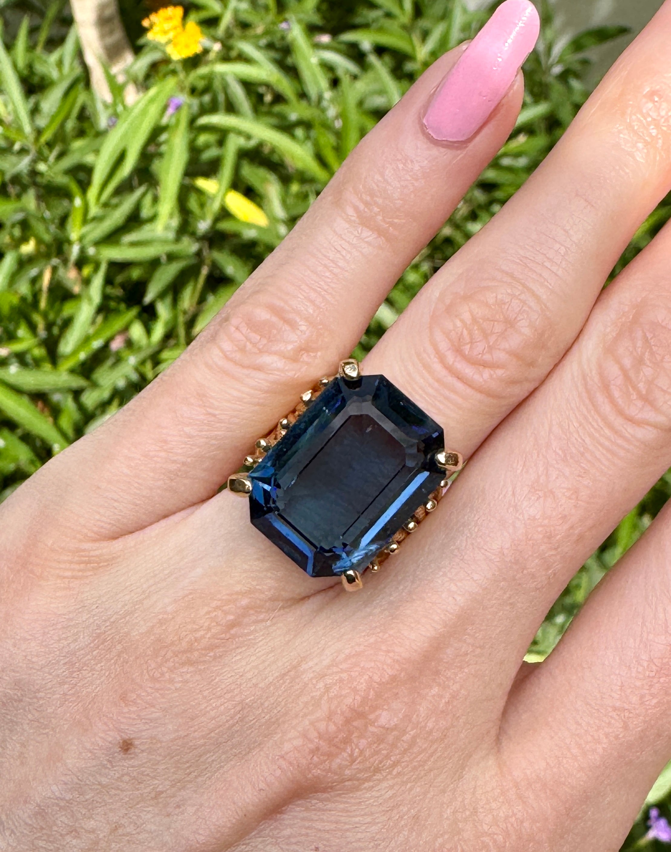 Large Blue Crystal Gold Cocktail Ring Size 4.5