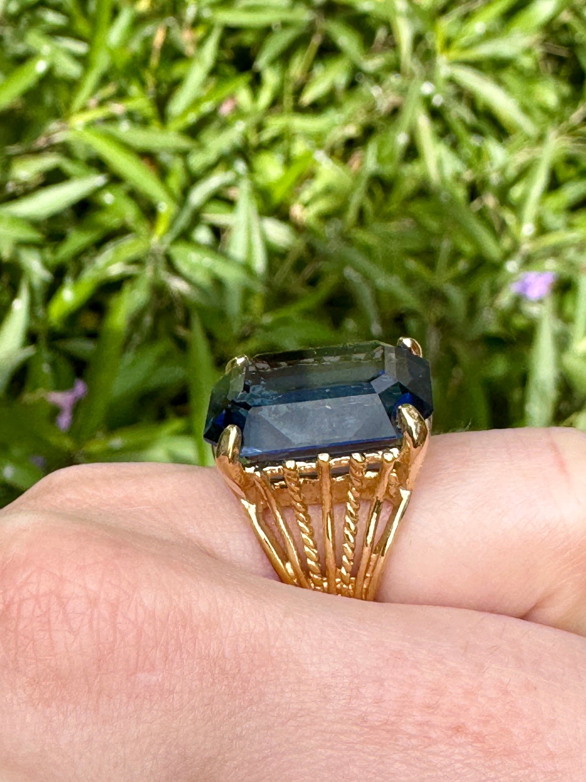 Large Blue Crystal Gold Cocktail Ring Size 4.5