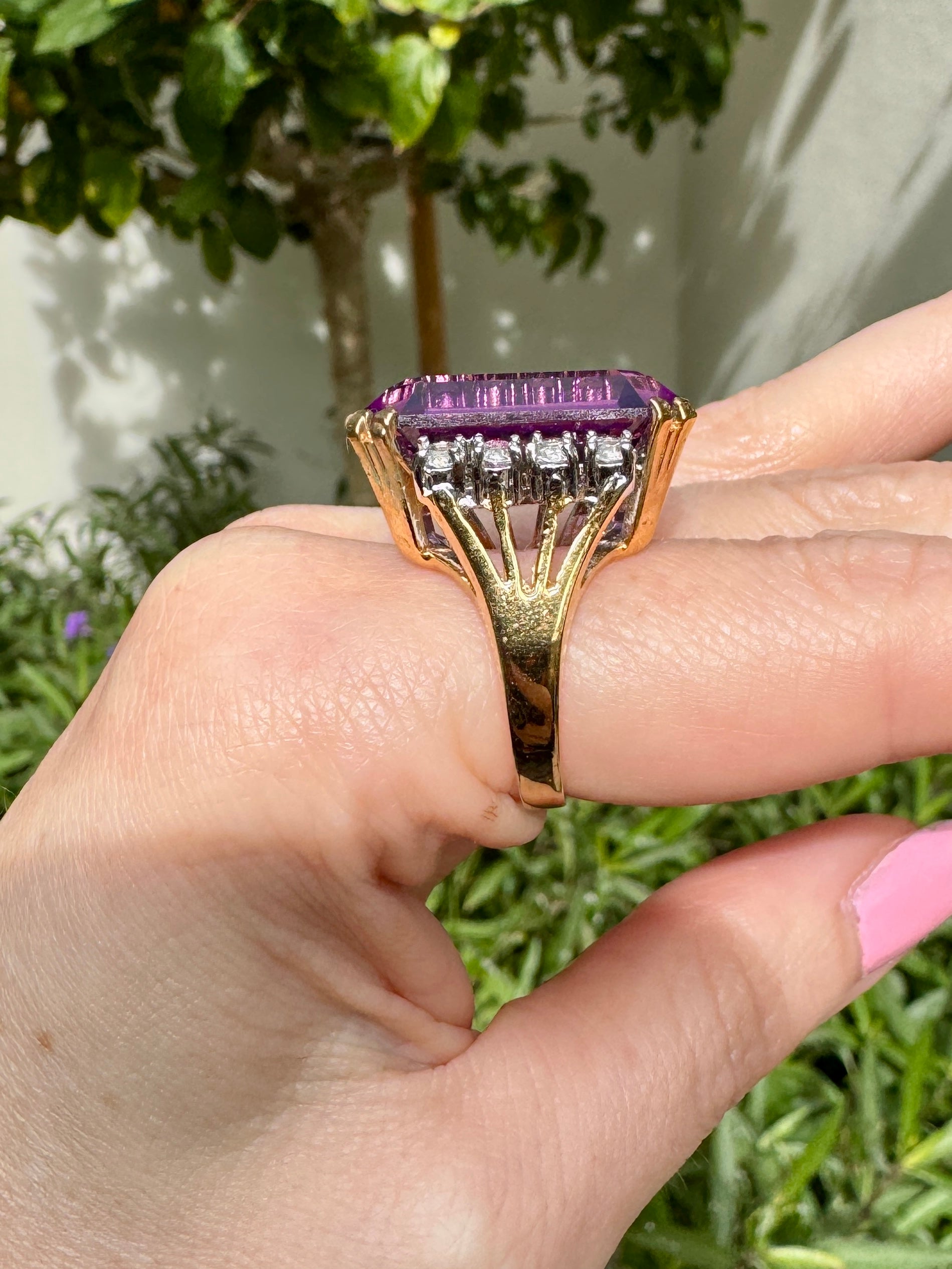 Huge 80s Purple and Diamond Crystal Gold Cocktail Ring Size 7