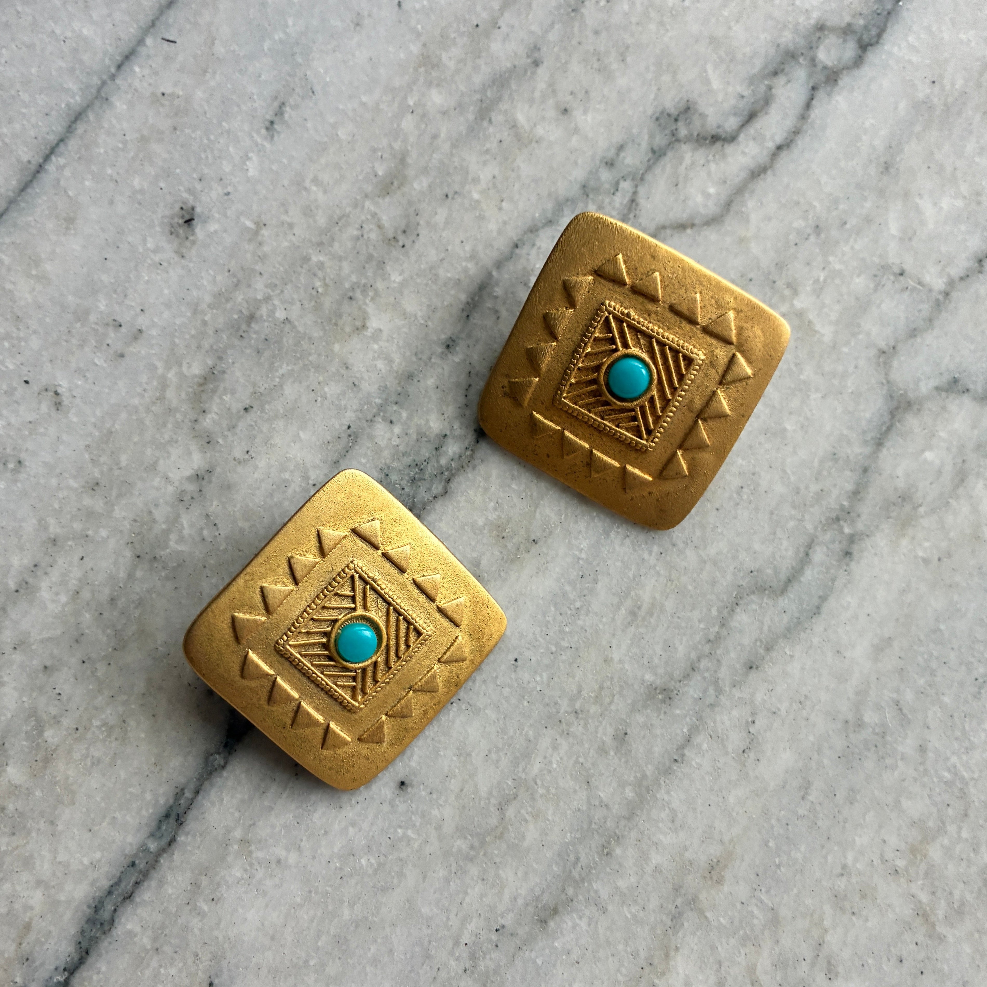 Vintage 70s Gold and Turquoise Post Earrings