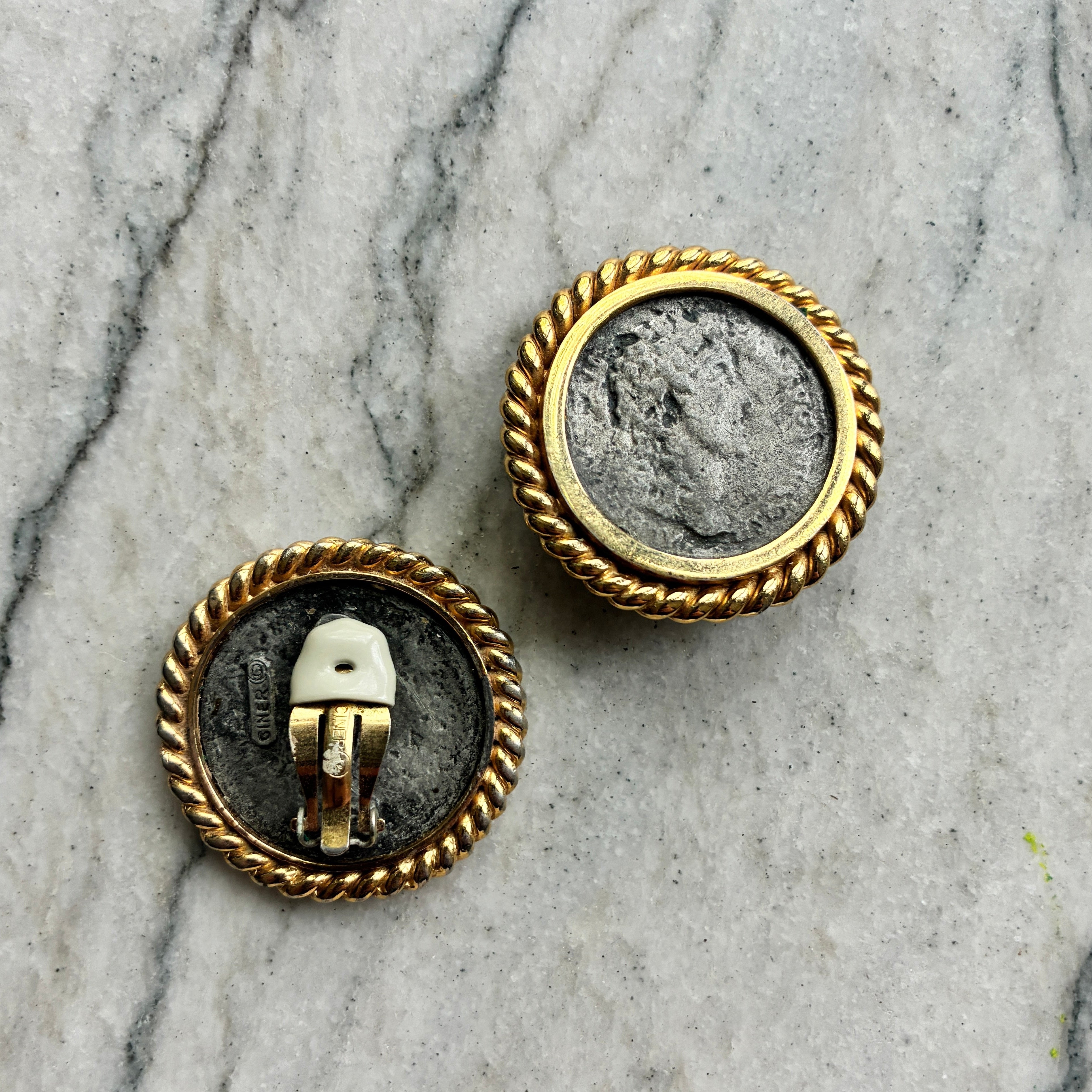 Vintage Ciner Pewter Coin Earrings