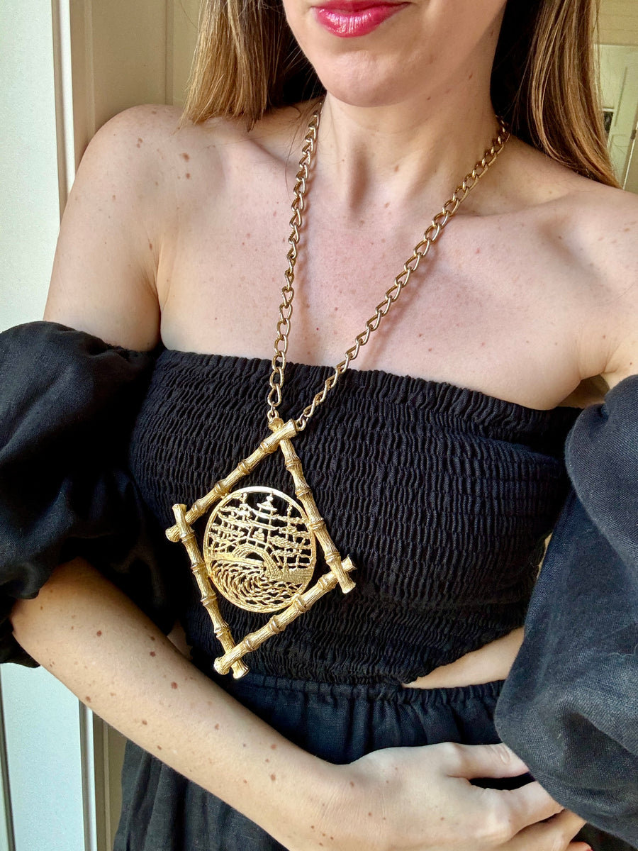 60s Designer Hattie Carnegie Huge Asian Garden Pendant Necklace