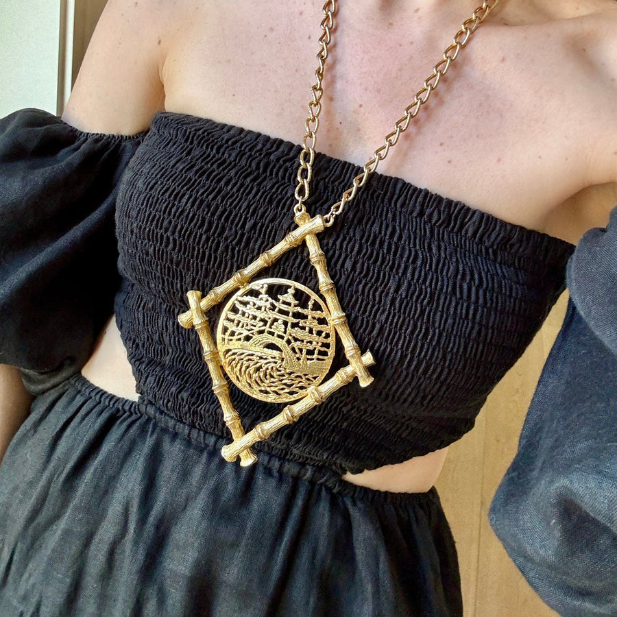Designer Hattie Carnegie Huge Asian Garden Pendant Necklace