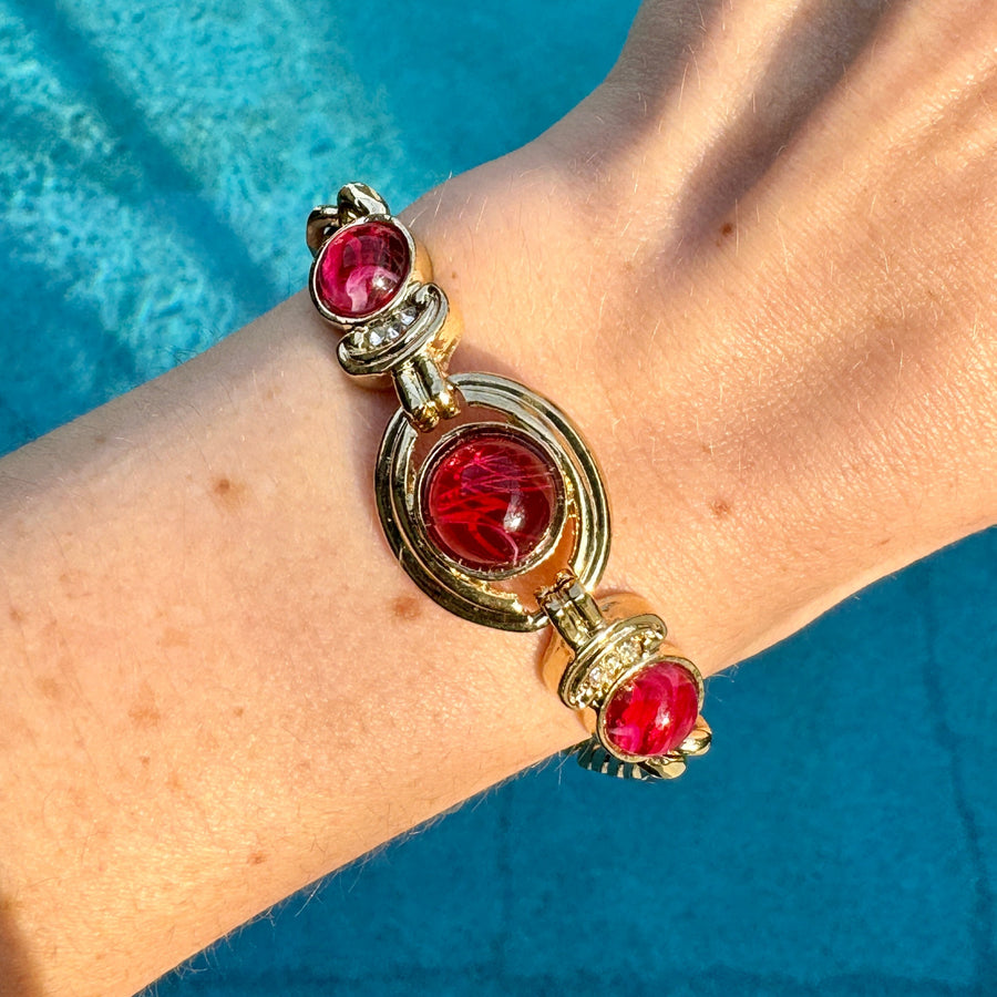  Marbled Red Glass Gold Chain Bracelet