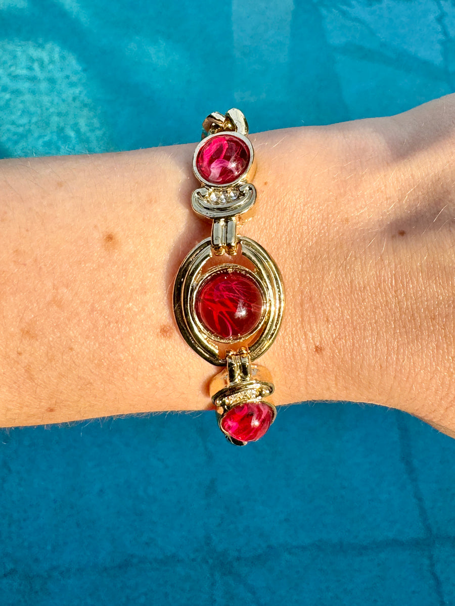 80s Marbled Red Glass Gold Chain Bracelet