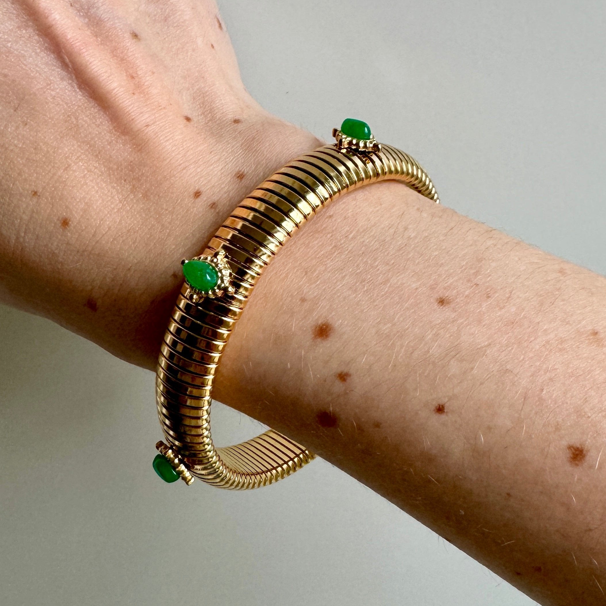 Small Green Stone Gold Omega Bracelet