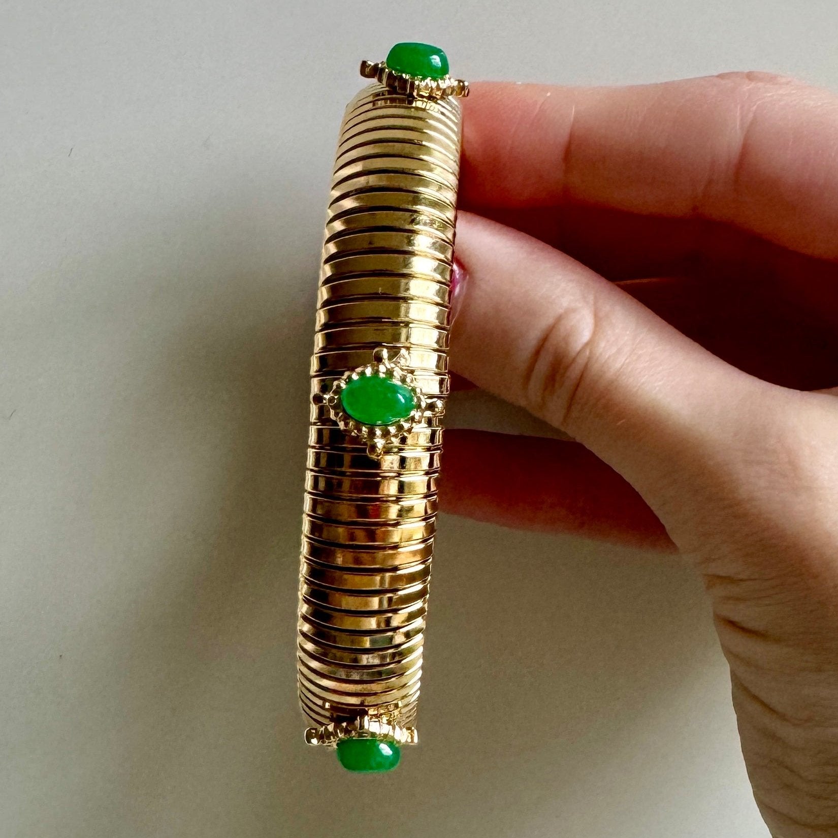 Small Green Stone Gold Omega Bracelet