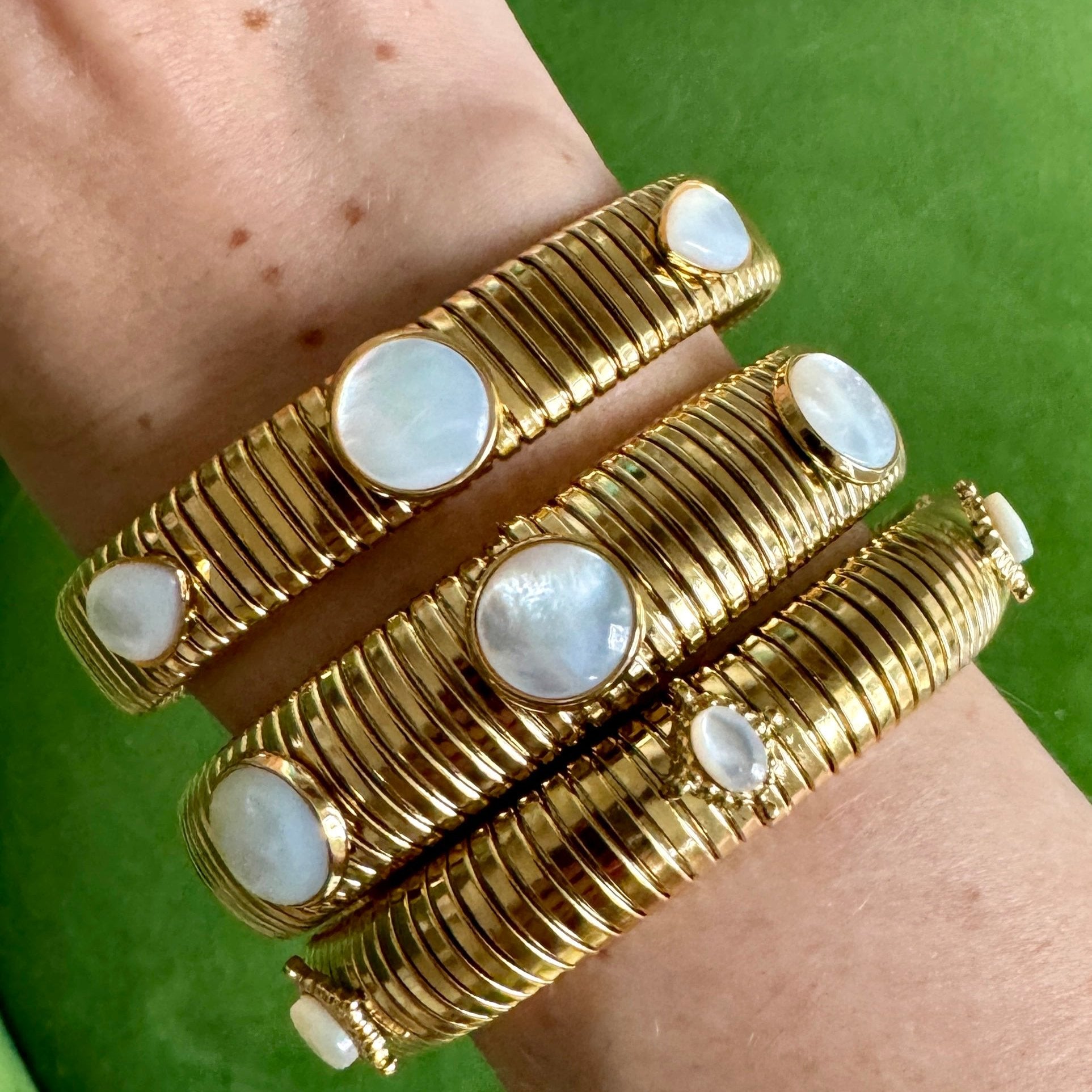 Round Mother of Pearl Gold Omega Bracelet