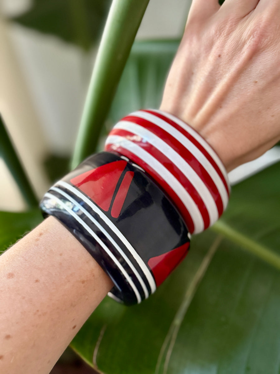 Vintage French Black / Red Stripe Han Painted Wood Bracelet