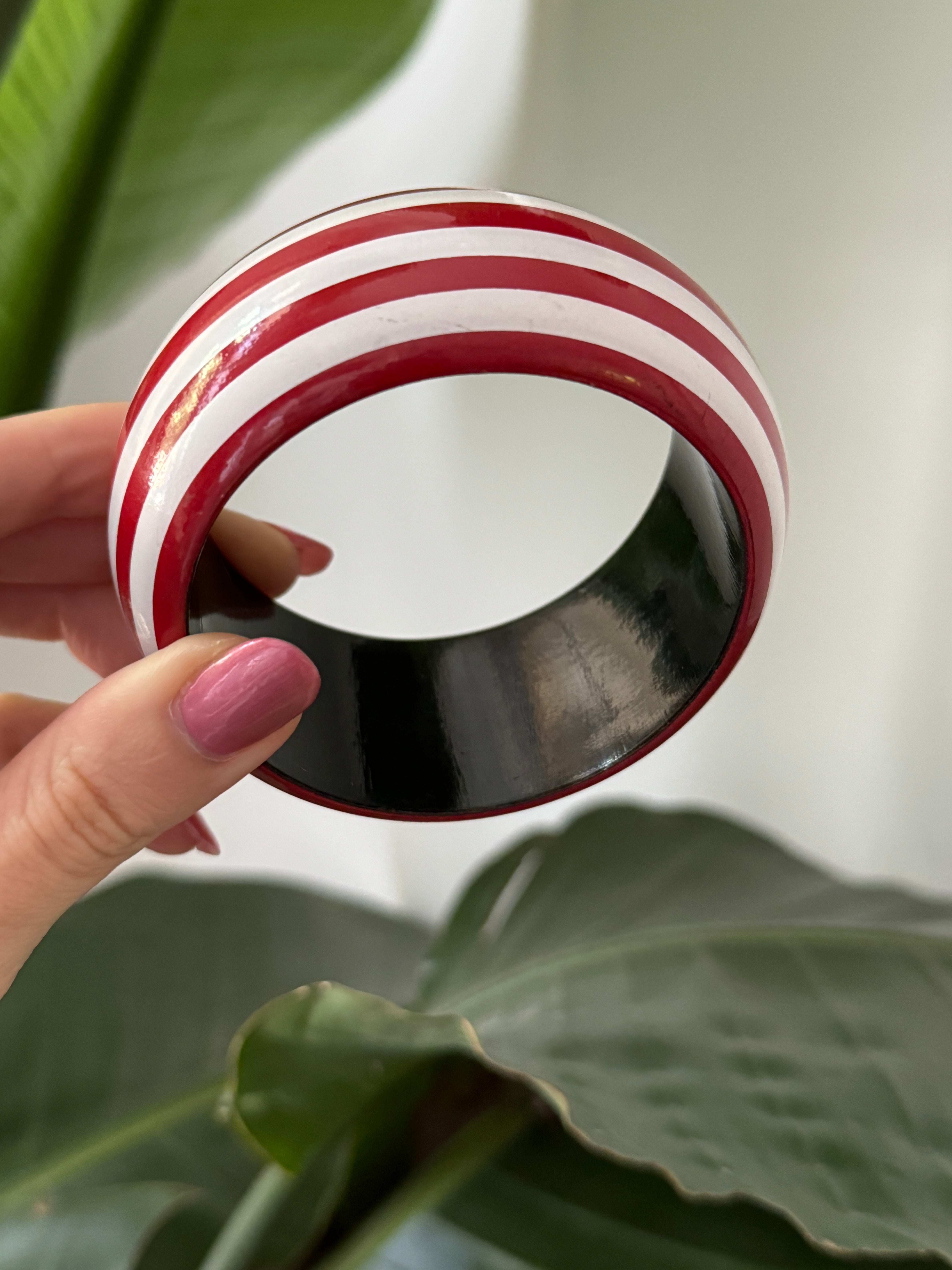 Vintage French Black / Red Stripe Hand Painted Wood Bracelet