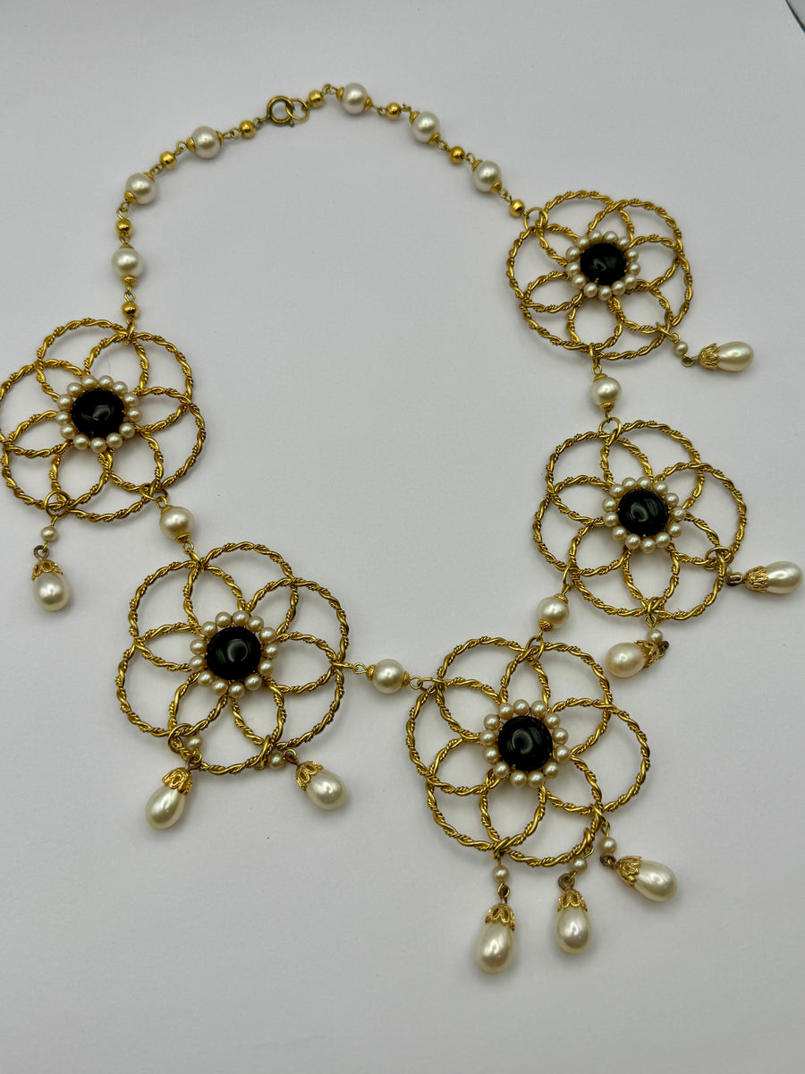 Vintage French Black Glass Pearl Drop Flower Necklace