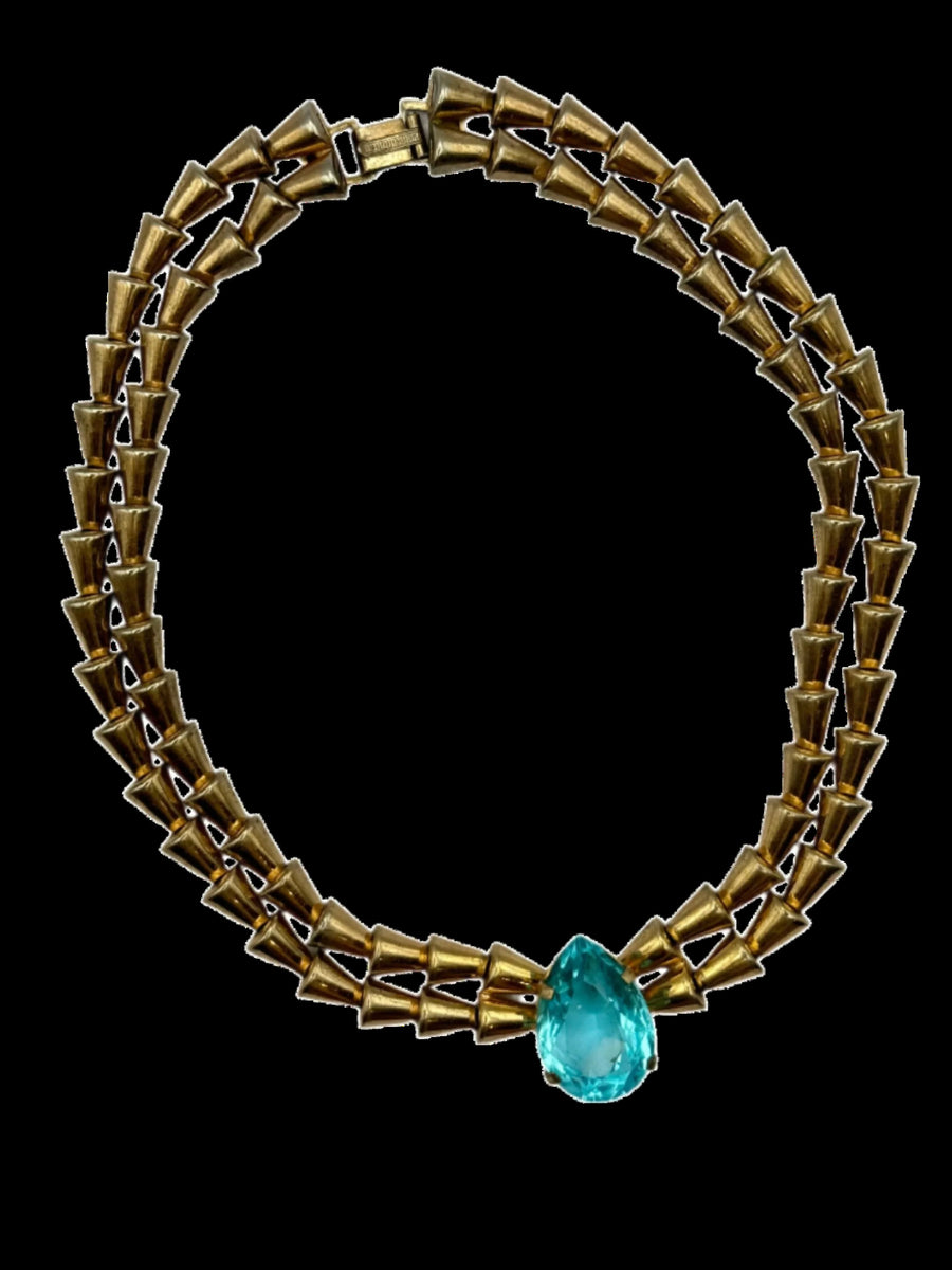 1940s Gilt Sterling Aqua Crystal Necklace