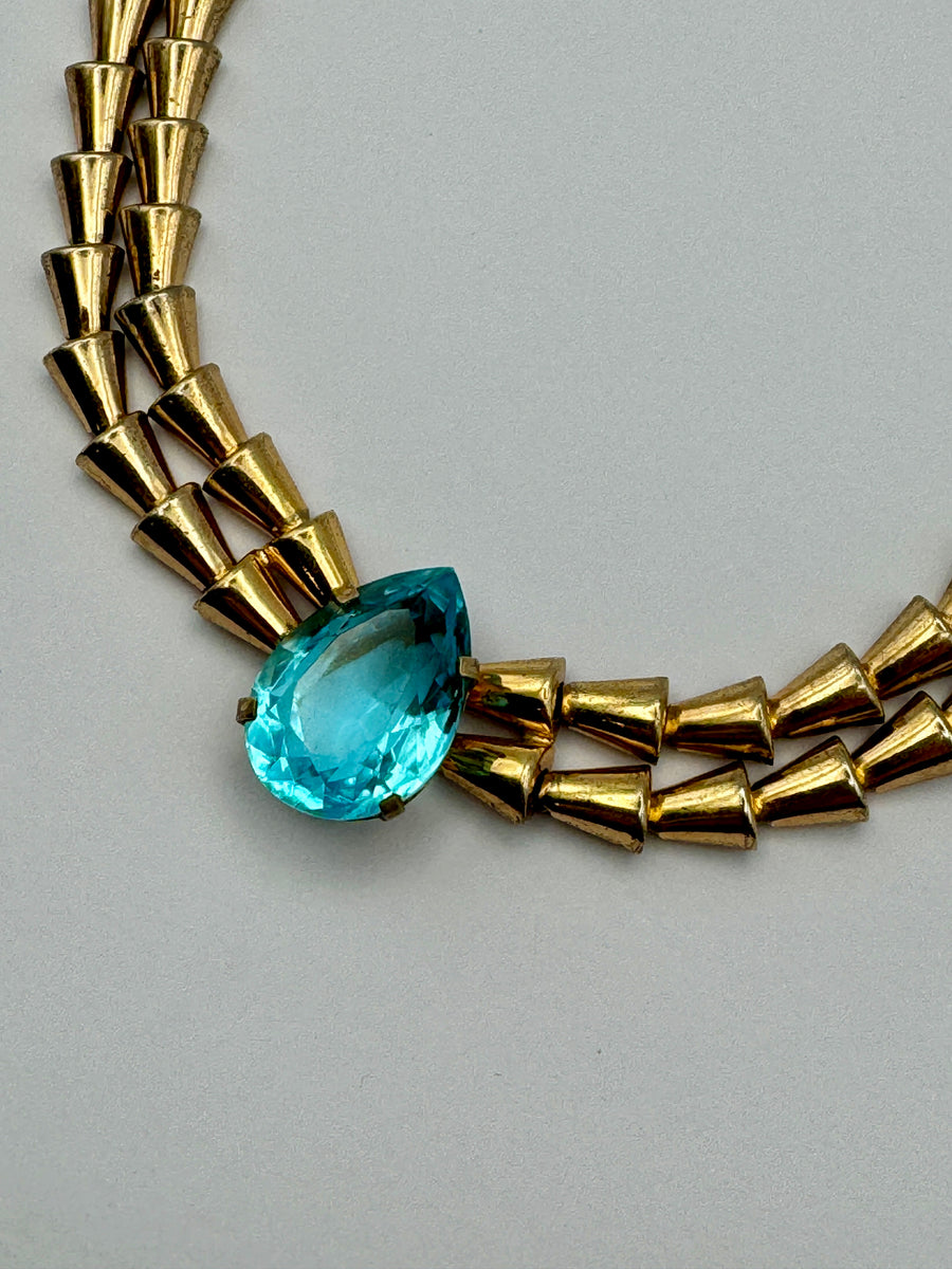 1940s Gilt Sterling Aqua Crystal Necklace