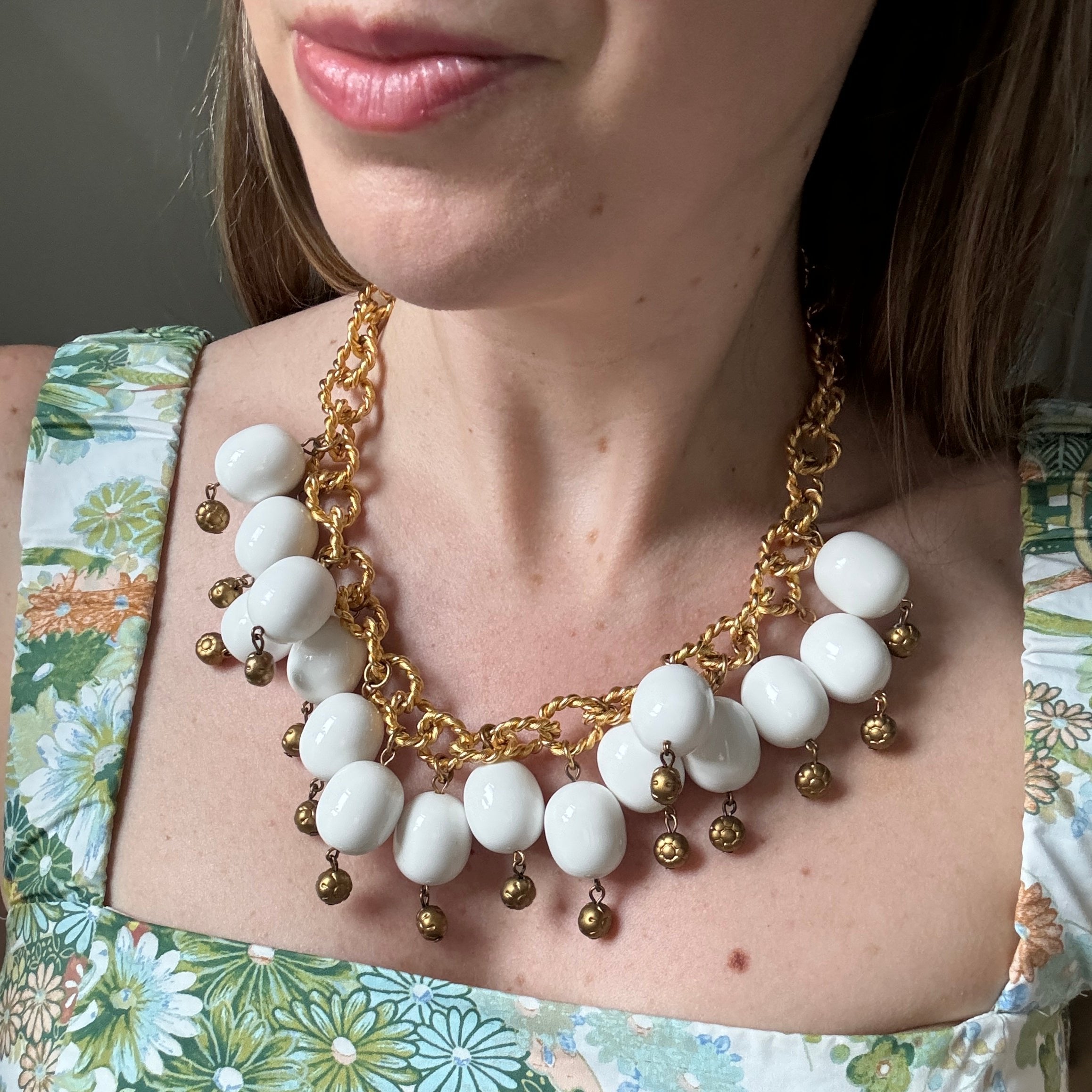 60s Chunky Gold Chain White Bead Statement Necklace