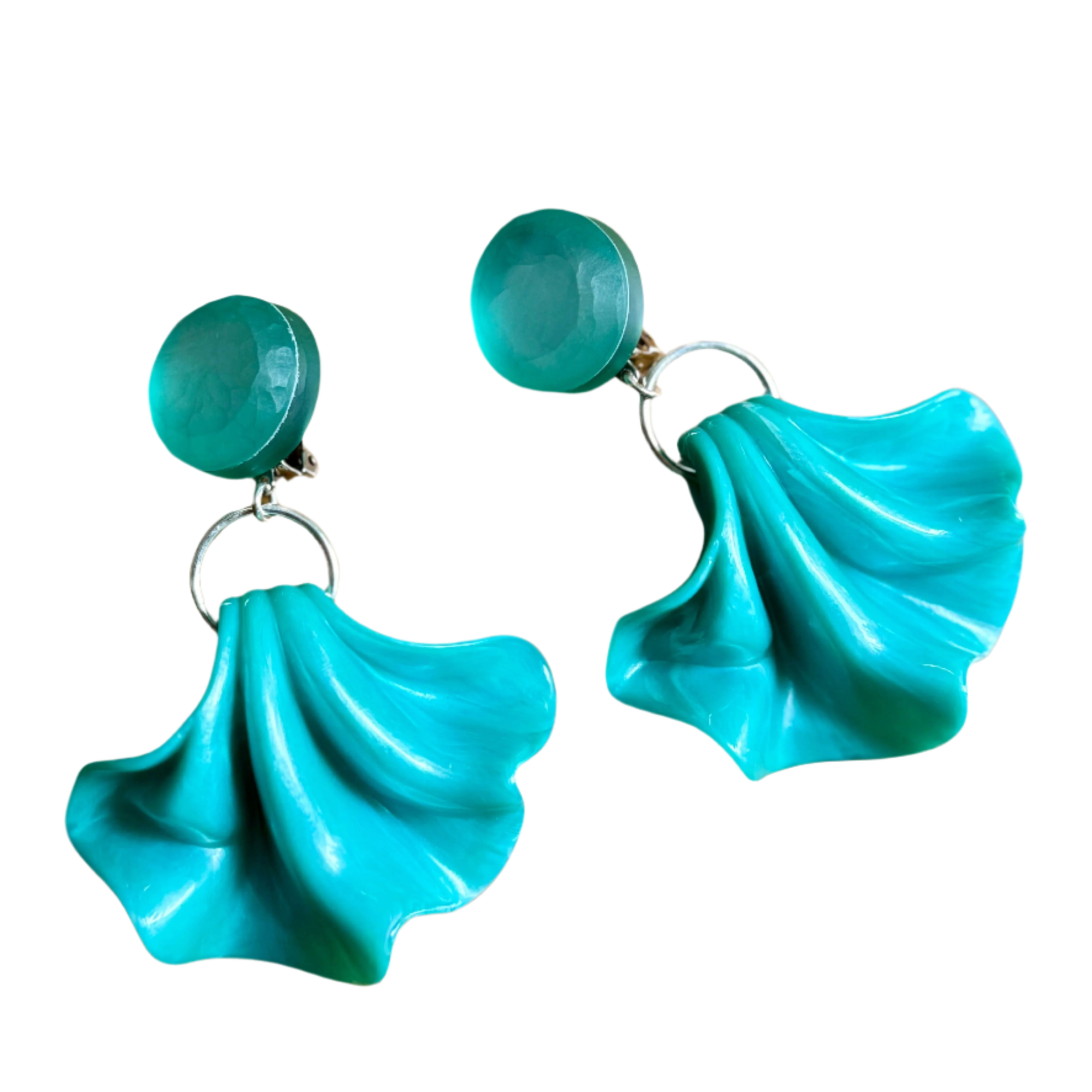 Shimmering Aqua Mirrored Fan Clip-On Earrings