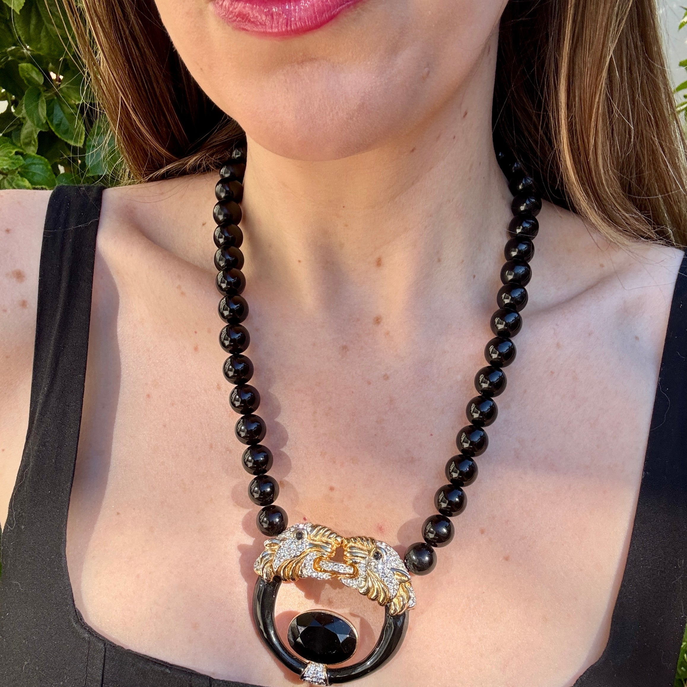 80s Double Gold Panther Black Beaded Neckalce