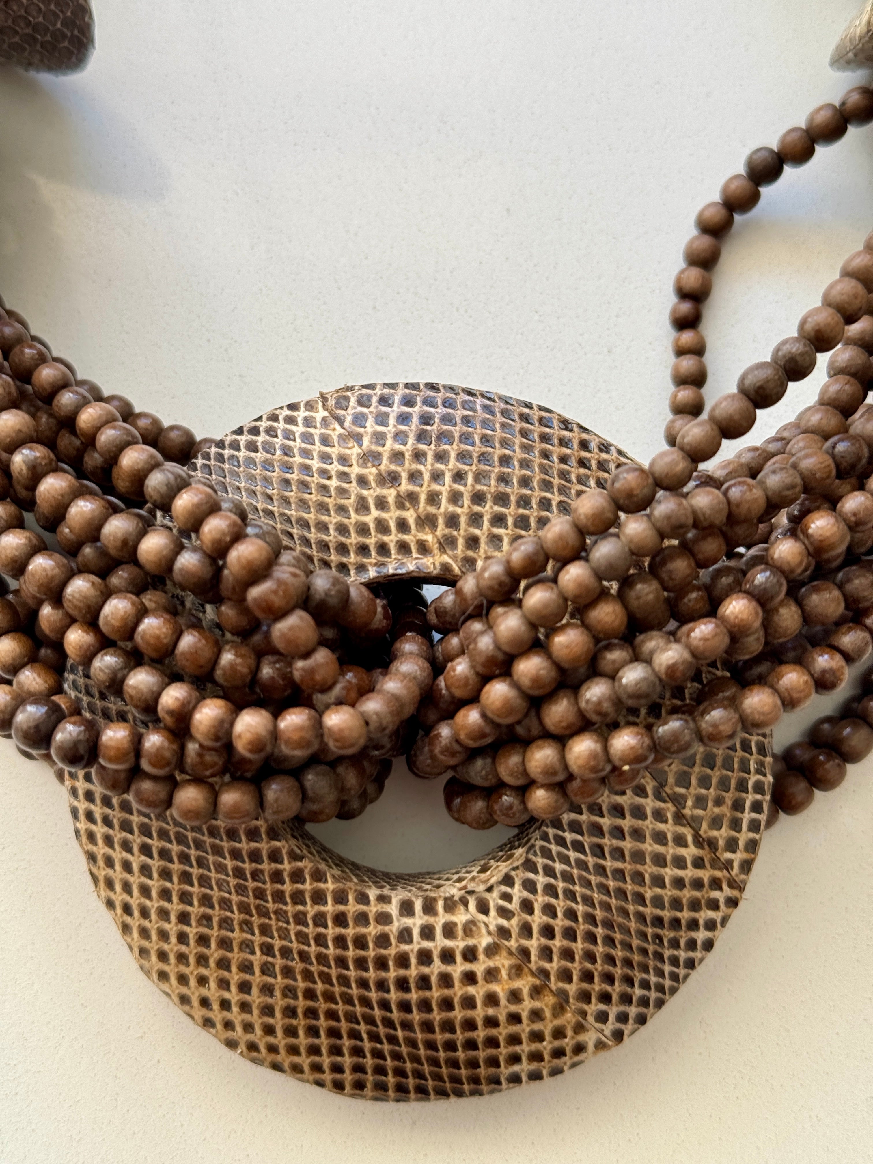 80s Gerda Lyngaard  Monies Snakeskin Wood Beaded Collar Statement Necklace