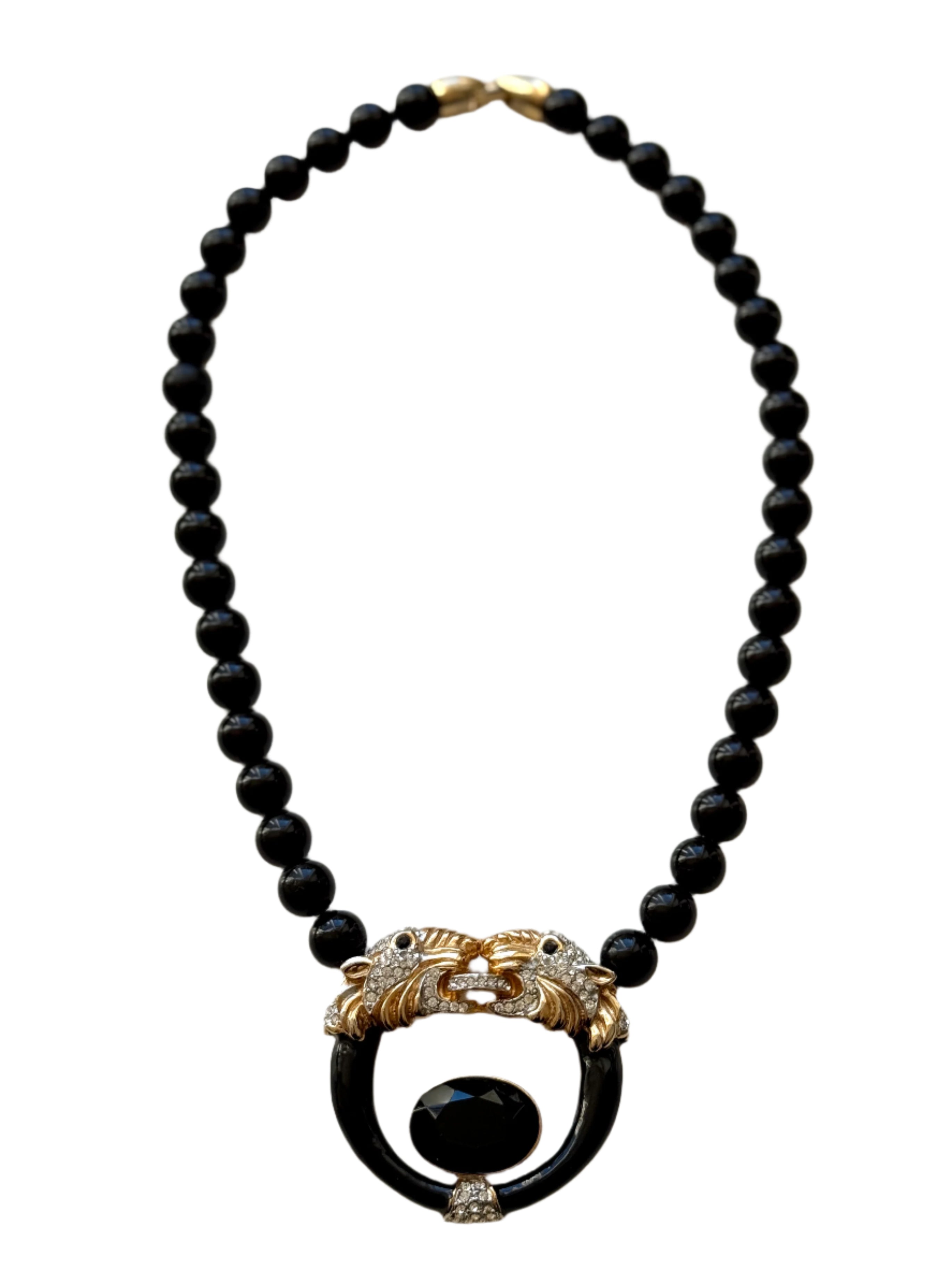 80s Double Gold Panther Black Beaded Neckalce